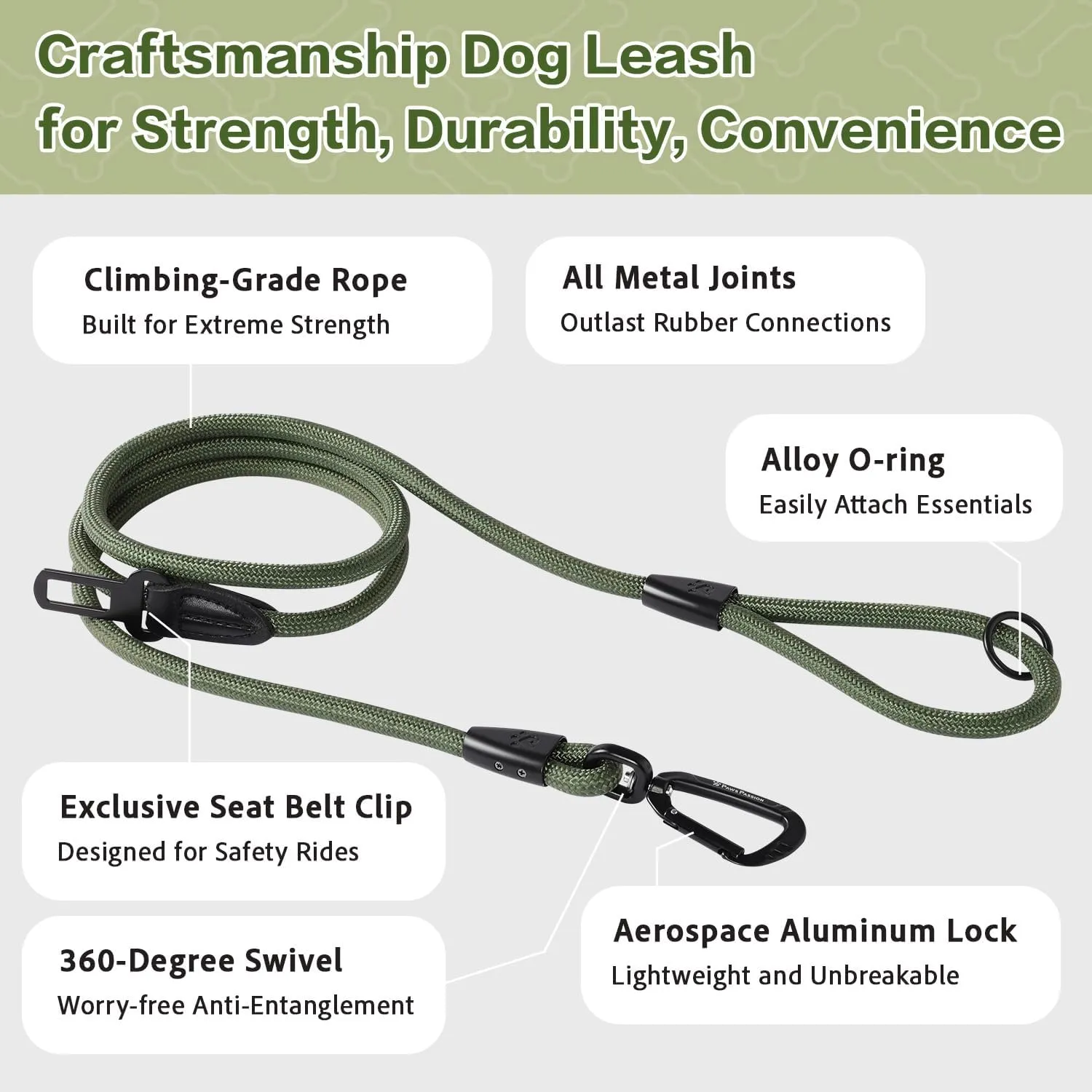 PawsPassion Rope Dog Leash 4 FT, 2-in-1 Heavy Duty Dog Leash with Seat Belt Buckle, Tangle Free 360° Swivel Aviation Aluminum Carabiner, All Metal Hardware, Alloy O-Ring (Evergreen)