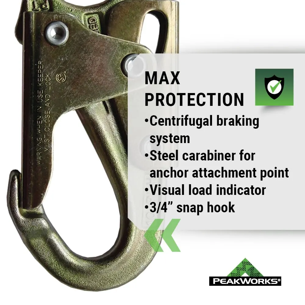 Peakworks Fall Protection Self Retracting Lifeline (SRL) with Webbing, Snap Hook, 6 ft. Length, Black/Green, V845822006LE