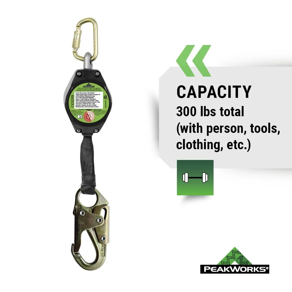 Peakworks Fall Protection Self Retracting Lifeline (SRL) with Webbing, Snap Hook, 6 ft. Length, Black/Green, V845822006LE