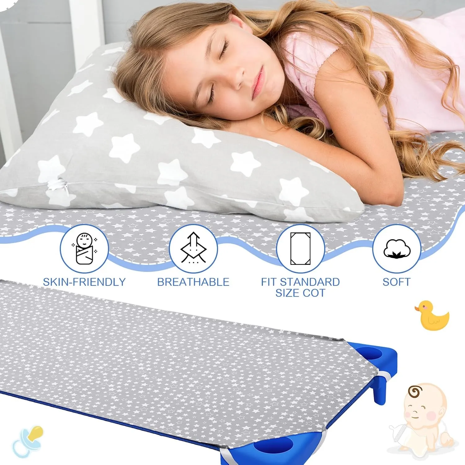 Peryiter 6 Pcs Nap Mat Sheets Cot Sheets for Daycare Toddler Standard Size 24" x 51" Star Pattern with Corner Elastic Loops Bed Fitted Cot Crib for Children Kids Boys Girls (Gray)