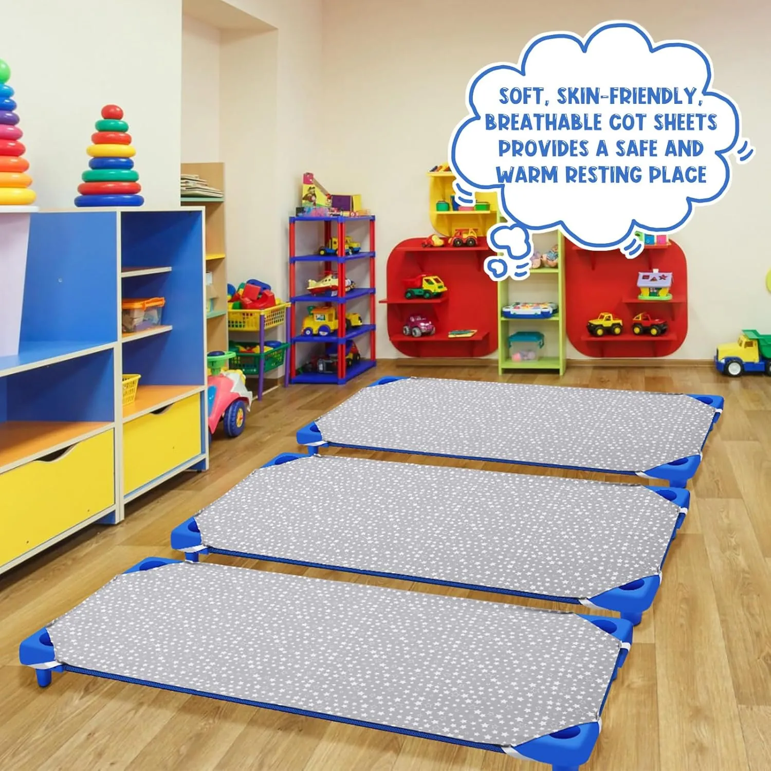 Peryiter 6 Pcs Nap Mat Sheets Cot Sheets for Daycare Toddler Standard Size 24" x 51" Star Pattern with Corner Elastic Loops Bed Fitted Cot Crib for Children Kids Boys Girls (Gray)