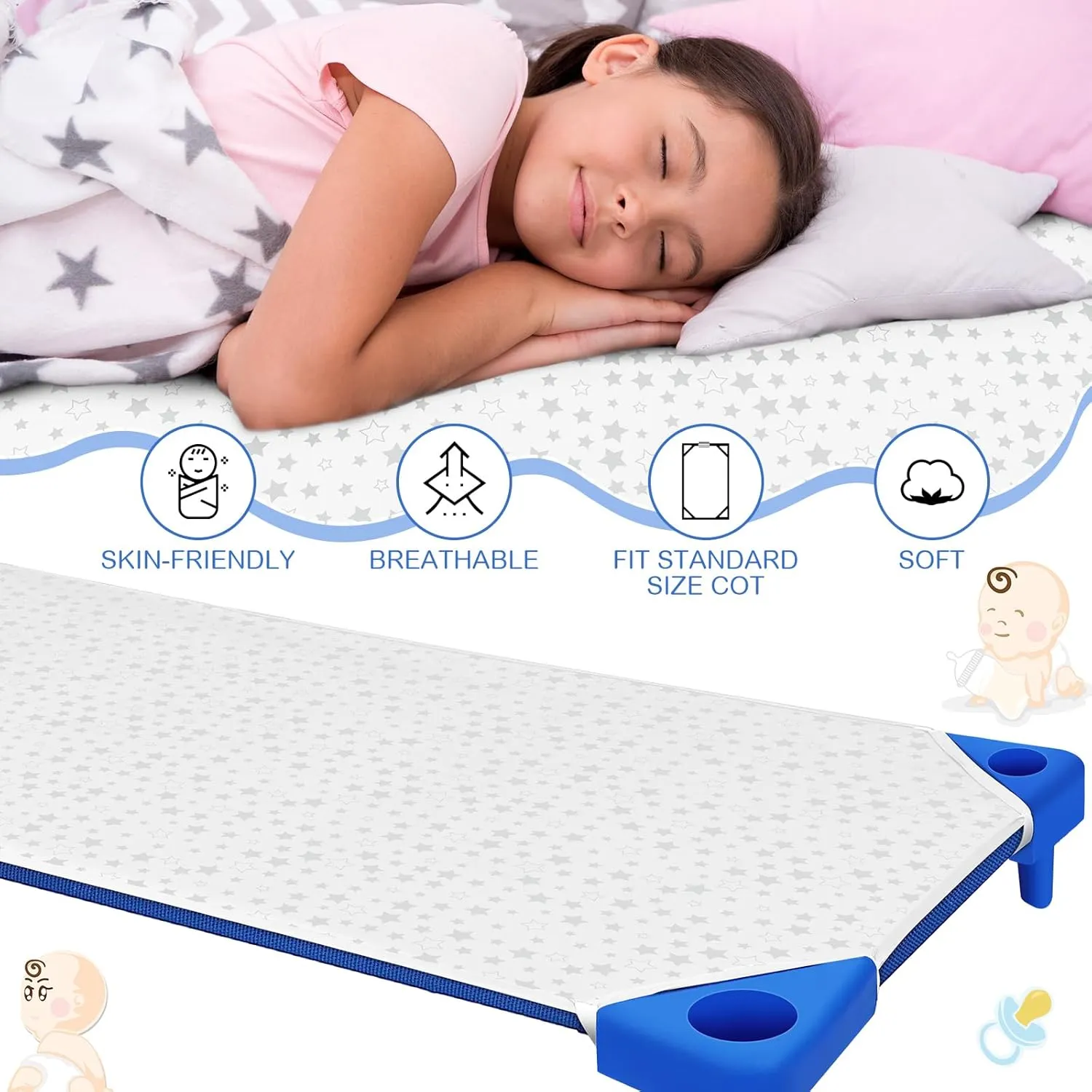 Peryiter 6 Pcs Nap Mat Sheets Cot Sheets for Daycare Toddler Standard Size 24" x 51" Star Pattern with Corner Elastic Loops Bed Fitted Cot Crib for Children Kids Boys Girls (White)