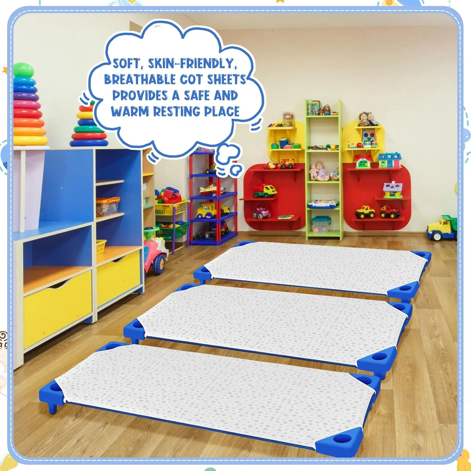 Peryiter 6 Pcs Nap Mat Sheets Cot Sheets for Daycare Toddler Standard Size 24" x 51" Star Pattern with Corner Elastic Loops Bed Fitted Cot Crib for Children Kids Boys Girls (White)
