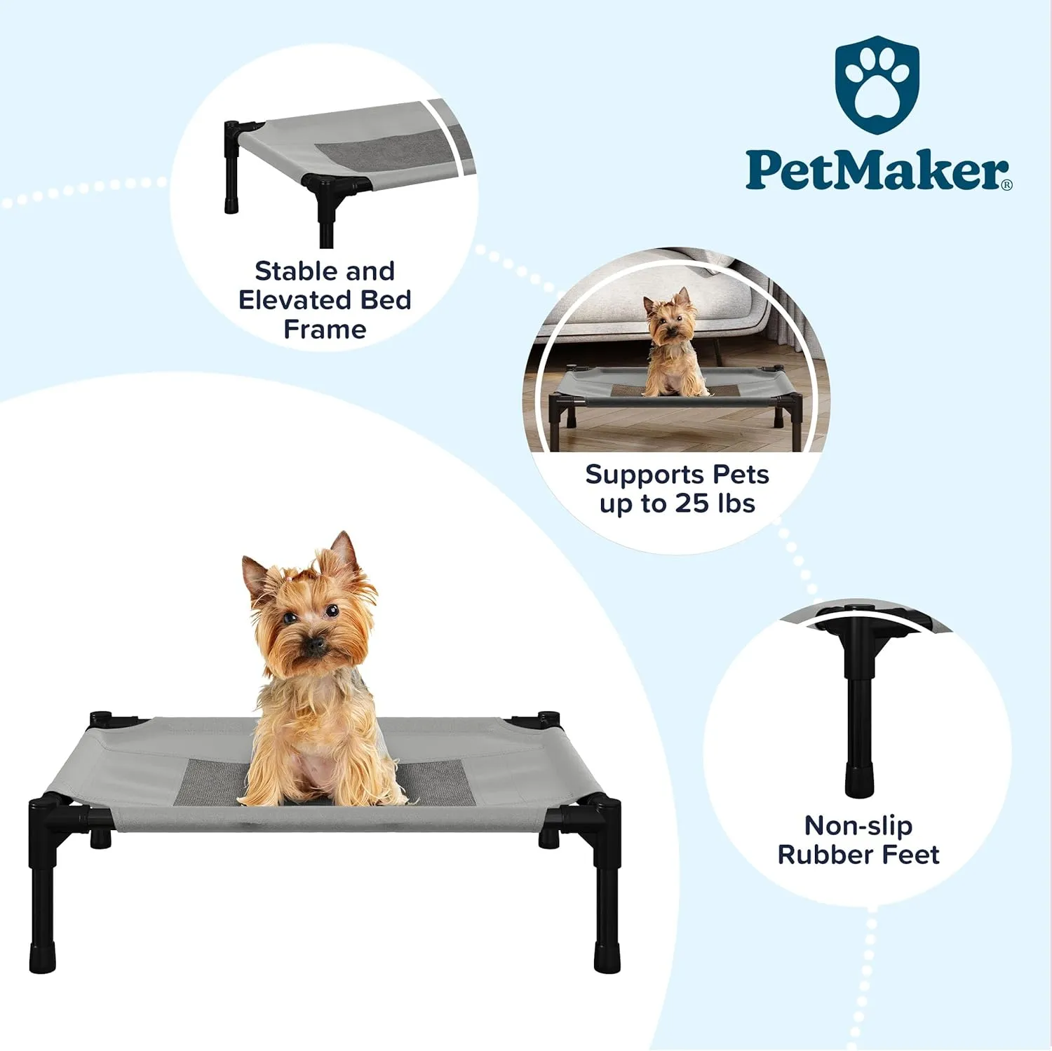PETMAKER Elevated Dog Bed - 24.5x18.5-Inch Portable Pet Bed with Non-Slip Feet - Indoor/Outdoor Dog Cot or Puppy Bed for Pets up to 25lbs (Gray)