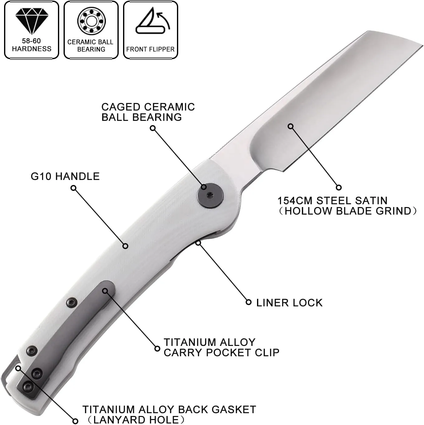 Petrified fish PFE04 Scholar,3.7" 154CM Satin Blade,111.4g G10 Handel Front Flipper Liner lock Folding knife (White G10 Handle)