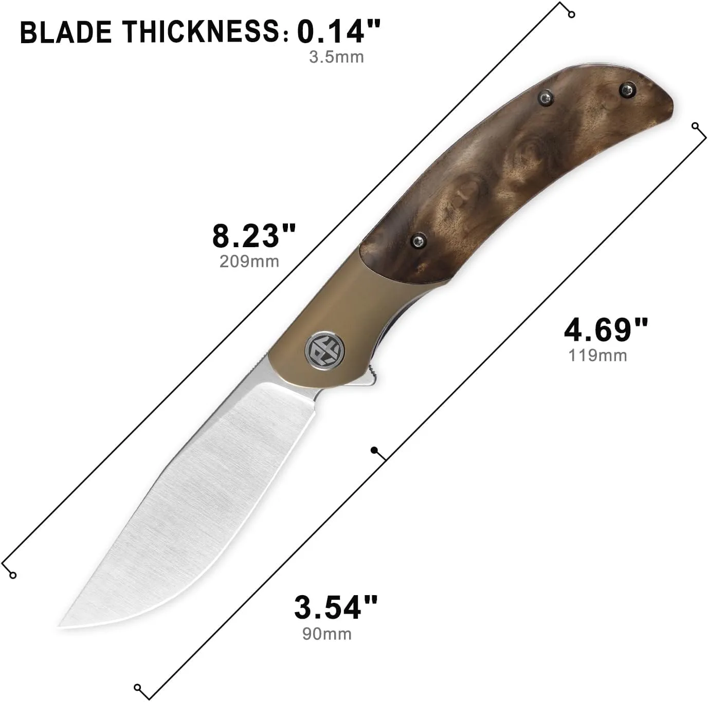 Petrified fish PFP09 Hourglass Folding Knife,3.54" K110 Steel Satin Blade, 3.88oz Titanium and Gallwood Handle Pocket knife for Camping Outdoor EDC (Gall wood Satin)