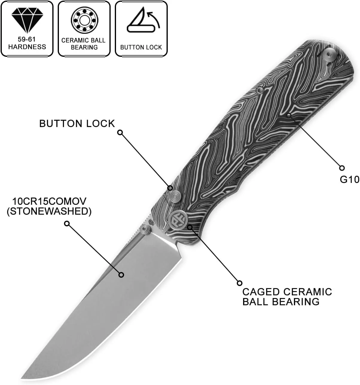 Petrified fish PFP14 Lis Folding Knife,3.90" 10Cr15CoMov Steel Stonewashed Blade G10 Handle Pocket Knife for Camping EDC Outdoor (White Stonewashed)