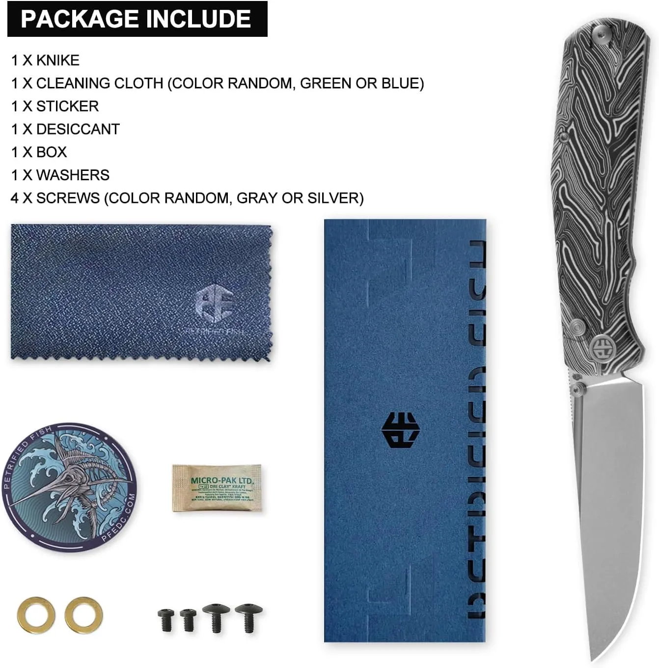 Petrified fish PFP14 Lis Folding Knife,3.90" 10Cr15CoMov Steel Stonewashed Blade G10 Handle Pocket Knife for Camping EDC Outdoor (White Stonewashed)