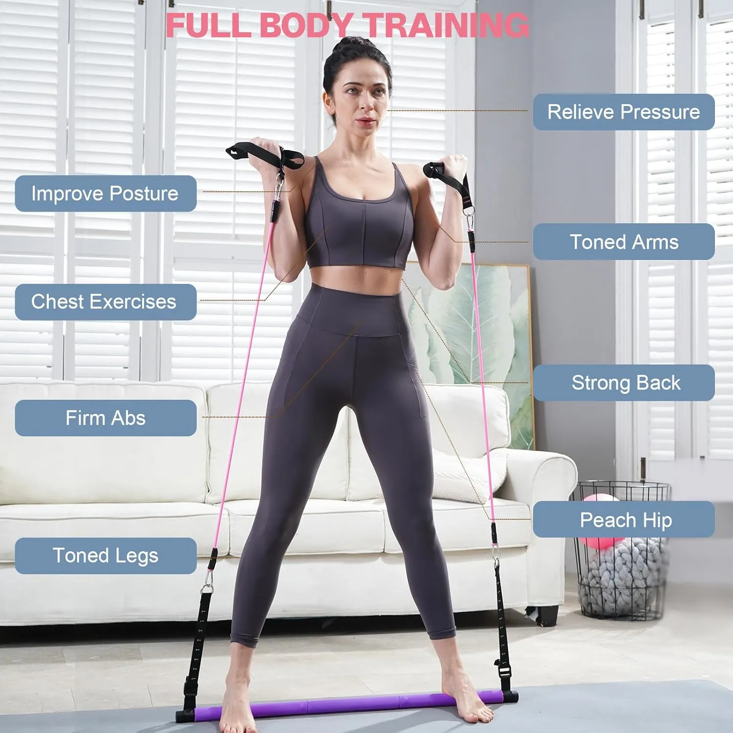 Pilates Bar Kit with Resistance Bands, Multifunctional Pilates Bar with 3 Set Exercise Resistance Bands, Portable Pilates Equipment for Women Home Gym Yoga Workouts