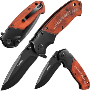 Pocket Knife for Dad - “WOLRD'S BEST DAD” Engraved Wood Handle Folding Knife with Premium Gift Box - Ideal Father’s Day, Christmas, Birthday, Retirement, Thank You, or New Dad Gift