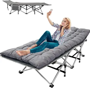 Portable & Comfortable Camping Cot with Thick Pad - Heavy-Duty 330 lbs Capacity, 28" Wide Design, 3.2" Removable Cotton Pad, Side Storage Pocket, No Assembly Required