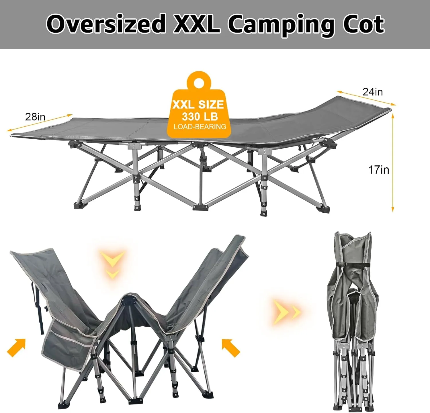 Portable & Comfortable Camping Cot with Thick Pad - Heavy-Duty 330 lbs Capacity, 28" Wide Design, 3.2" Removable Cotton Pad, Side Storage Pocket, No Assembly Required