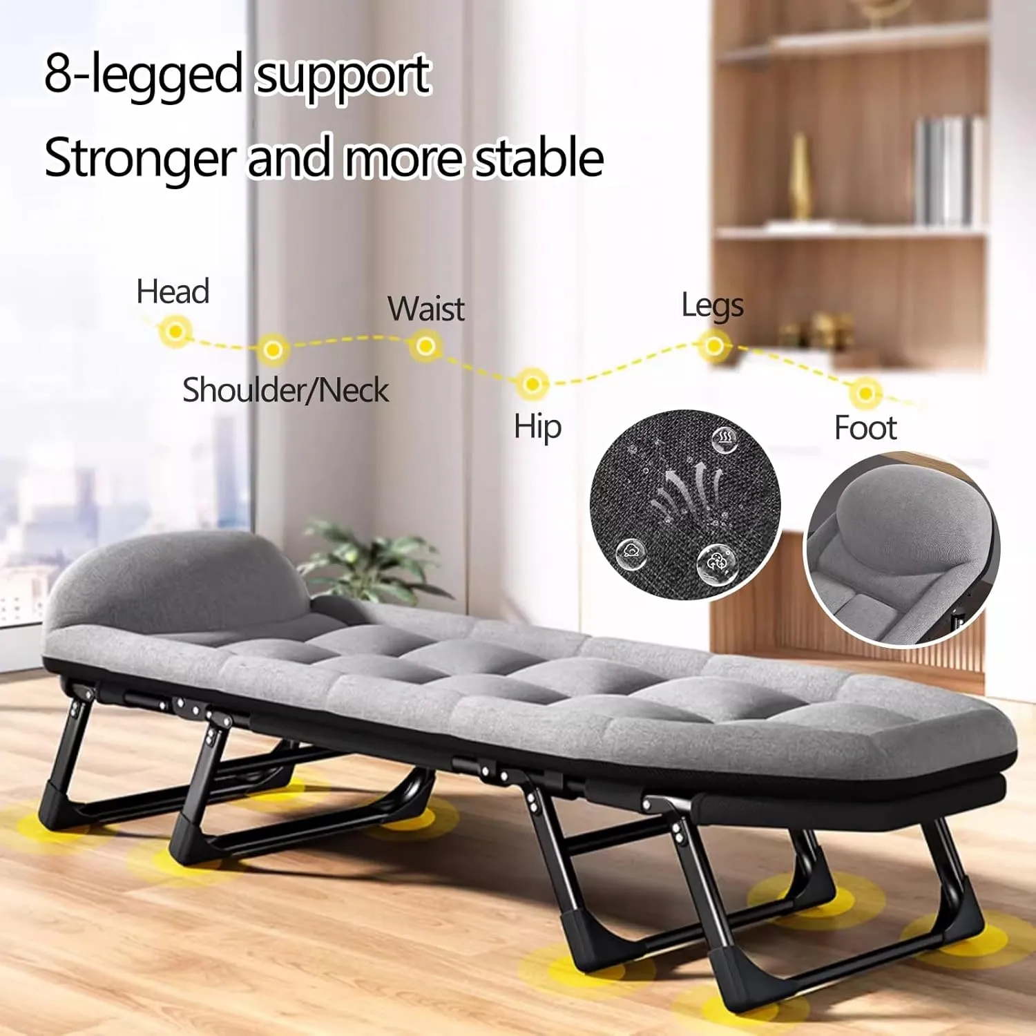 Portable Folding Bed for Adults Camping Cot for Adults 6 Position Adjustable Backrest, Supports 250kg Perfect for Camping Pool Beach Patio(6 Legs/8 Legs)(170 * 55 * 40cm)