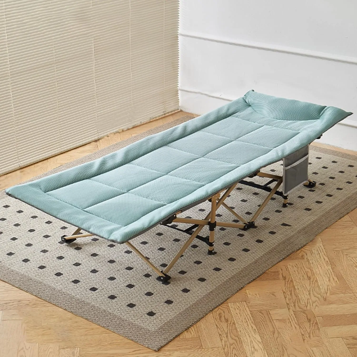 Portable Folding Camp Cot, Foldable Single Bed for Adults with Headrest & Side Pocket, 1800D Ice Silk Fabric, 160kg Load Capacity Heavy Duty Sleeping Cots(Green,178 * 67cm)