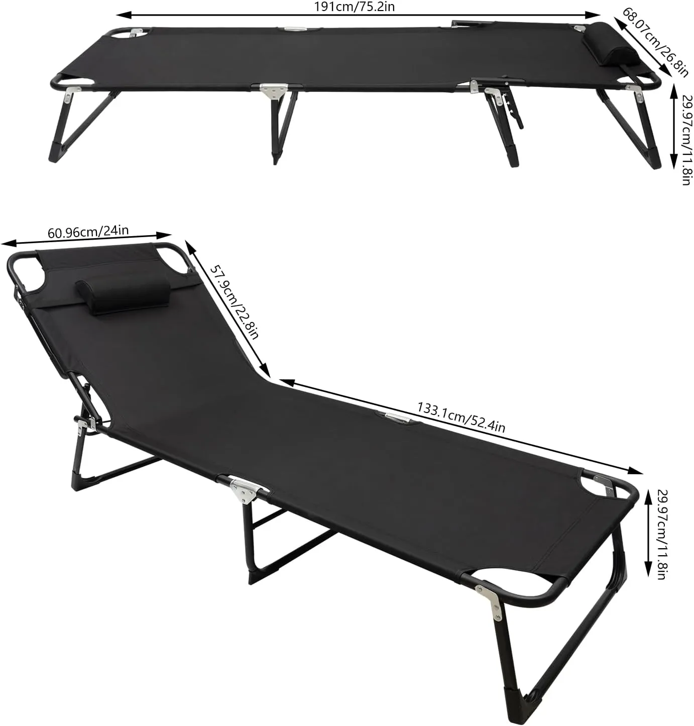 Portable Folding Camping Cot, Lightweight Folding Camping Cot Bed for Backpacking Hiking Camping Travel Outdoor Indoor, 4-Position Adjustable 75.2×26.8×11.8inch Supports 265lbs, Black