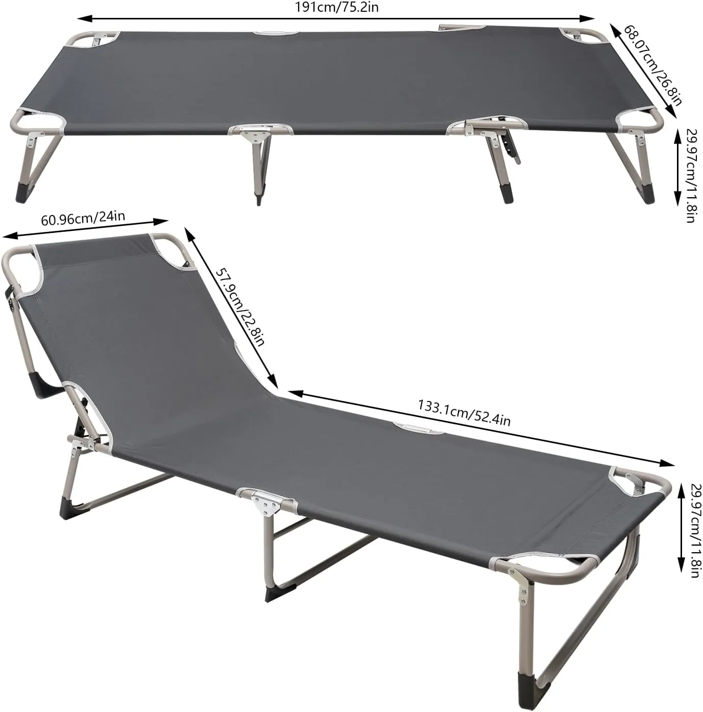 Portable Folding Camping Cot, Lightweight Folding Camping Cot Bed for Backpacking Hiking Camping Travel Outdoor Indoor, 4-Position Adjustable 75.2×26.8×11.8inch Supports 265lbs(Gray)
