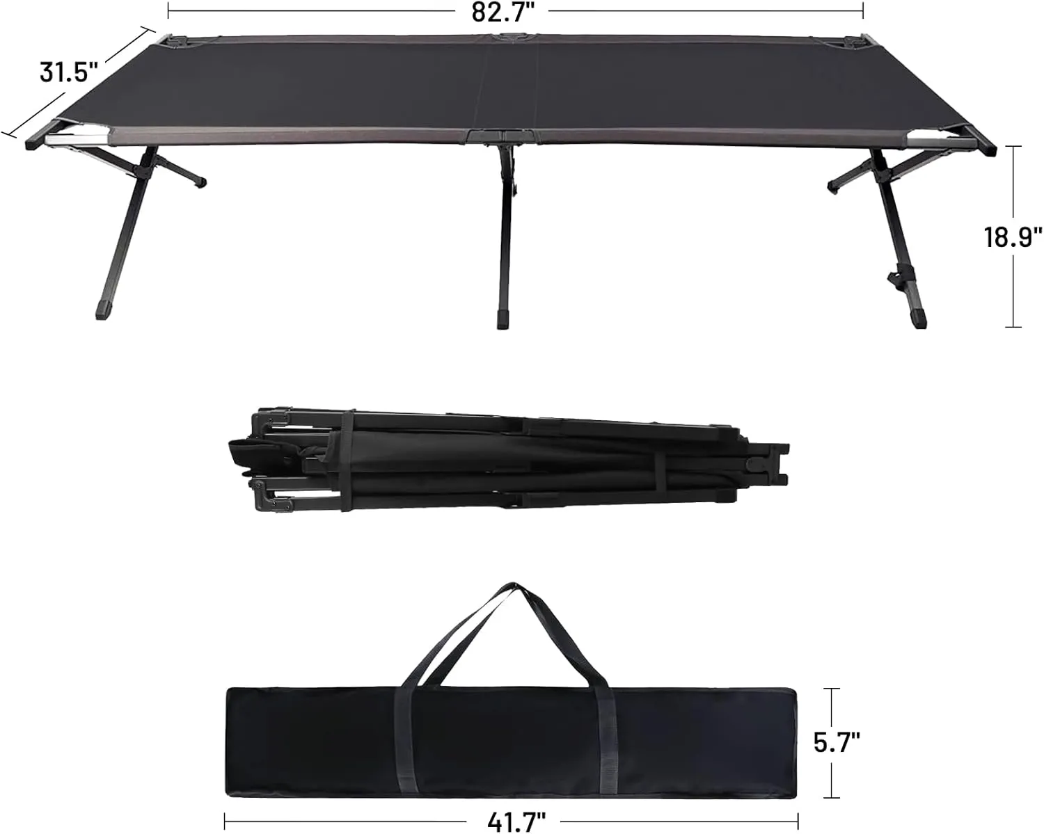 PORTAL Folding Portable Camping Cot, Guest Bed with Carry Bag and Side Storage Organizer, Camping Cots for Adults Sleeping, Away Tent Sleeping Cot Bed, Supports 300 LBS, Black