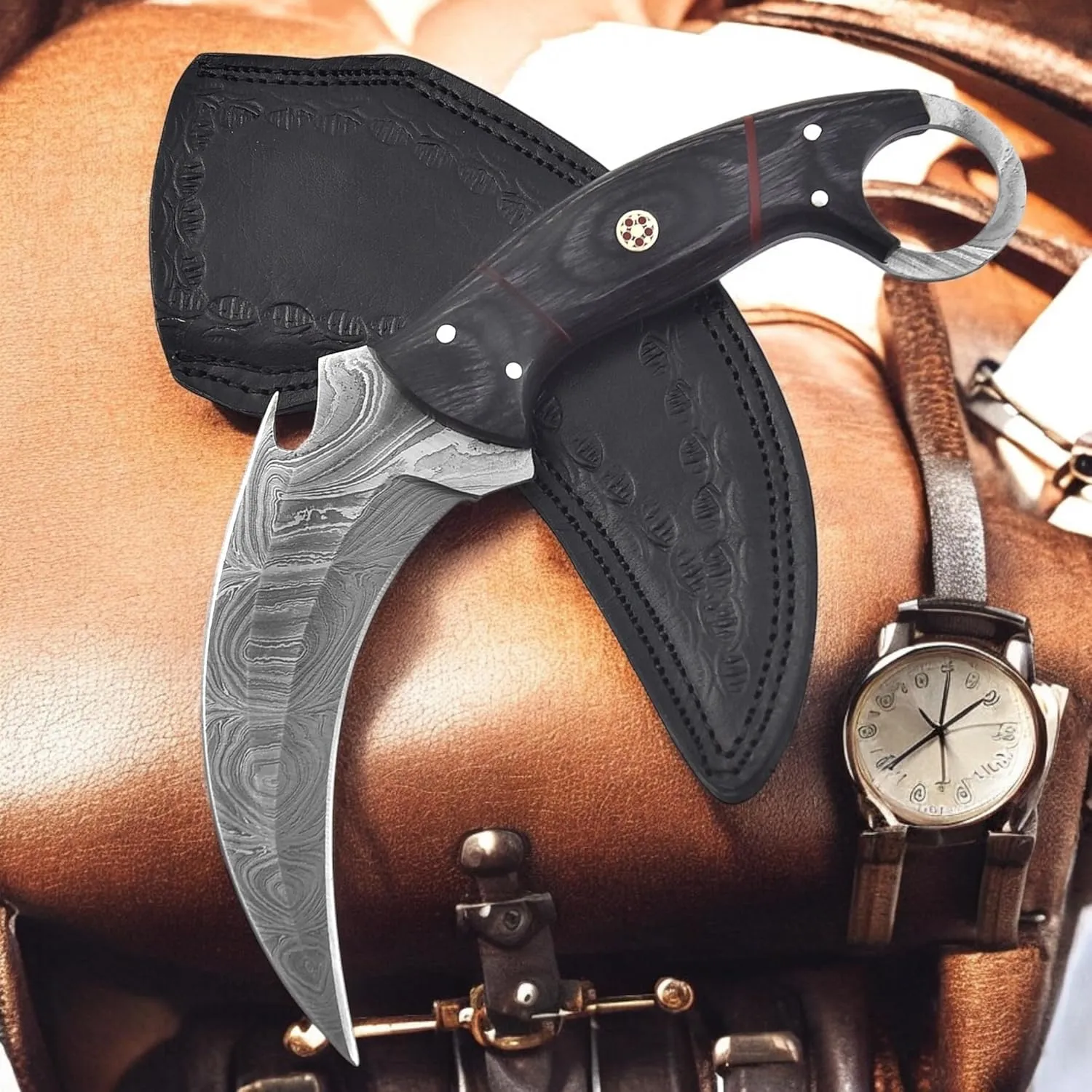 Poshland Handmade Damascus Steel Karambit Knife 9.5'' Full Tang Fixed Blade | Razor-Sharp Outdoor Knife, EDC knife for men