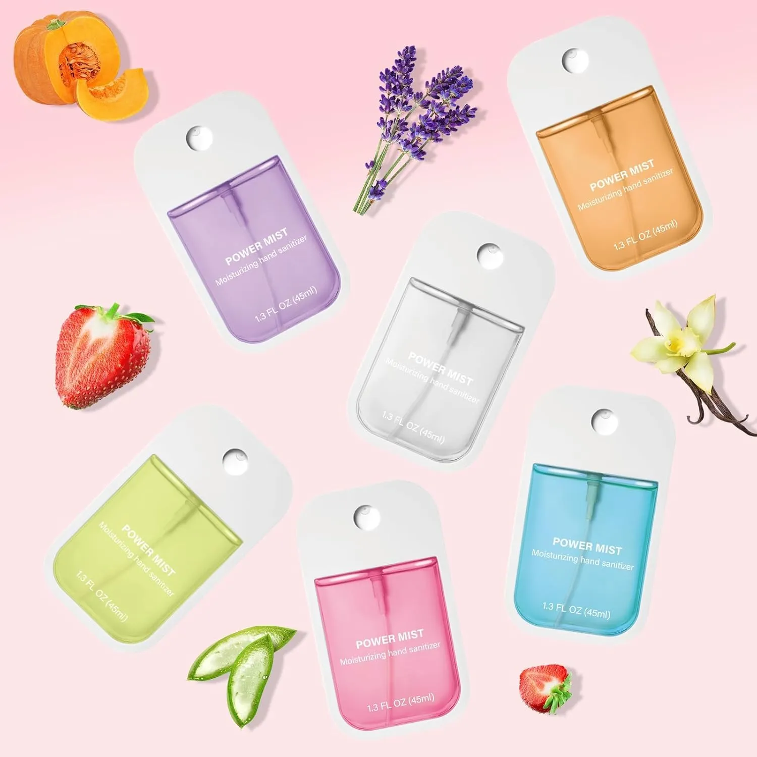 Power Mist Hydrating Hand Sanitizer Spray Moisturizing Style, Travel-Size 45ml/1.5 Fl oz Portable Cute Multi-Flavor Gentle Sanitizer for Adults & Kids, On-The-Go Hand Cleansing (6Pcs set)