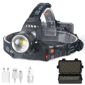 Powerful LED Headlamp, Zoom Head Light, USB Rechargeable, 18650 Battery, Flashlight Torch, Fishing Lantern