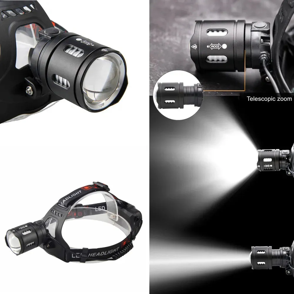 Powerful LED Headlamp, Zoom Head Light, USB Rechargeable, 18650 Battery, Flashlight Torch, Fishing Lantern