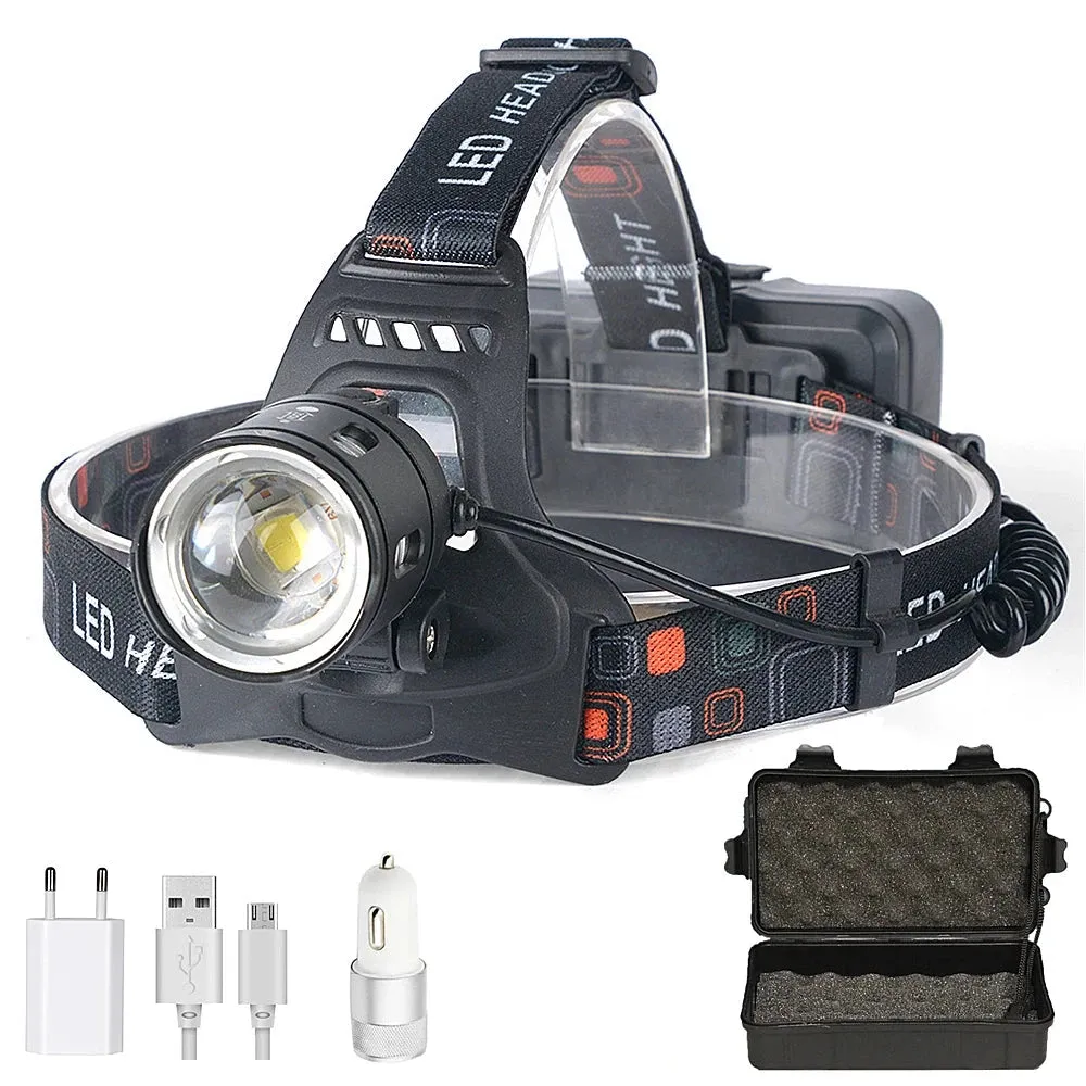 Powerful LED Headlamp, Zoom Head Light, USB Rechargeable, 18650 Battery, Flashlight Torch, Fishing Lantern