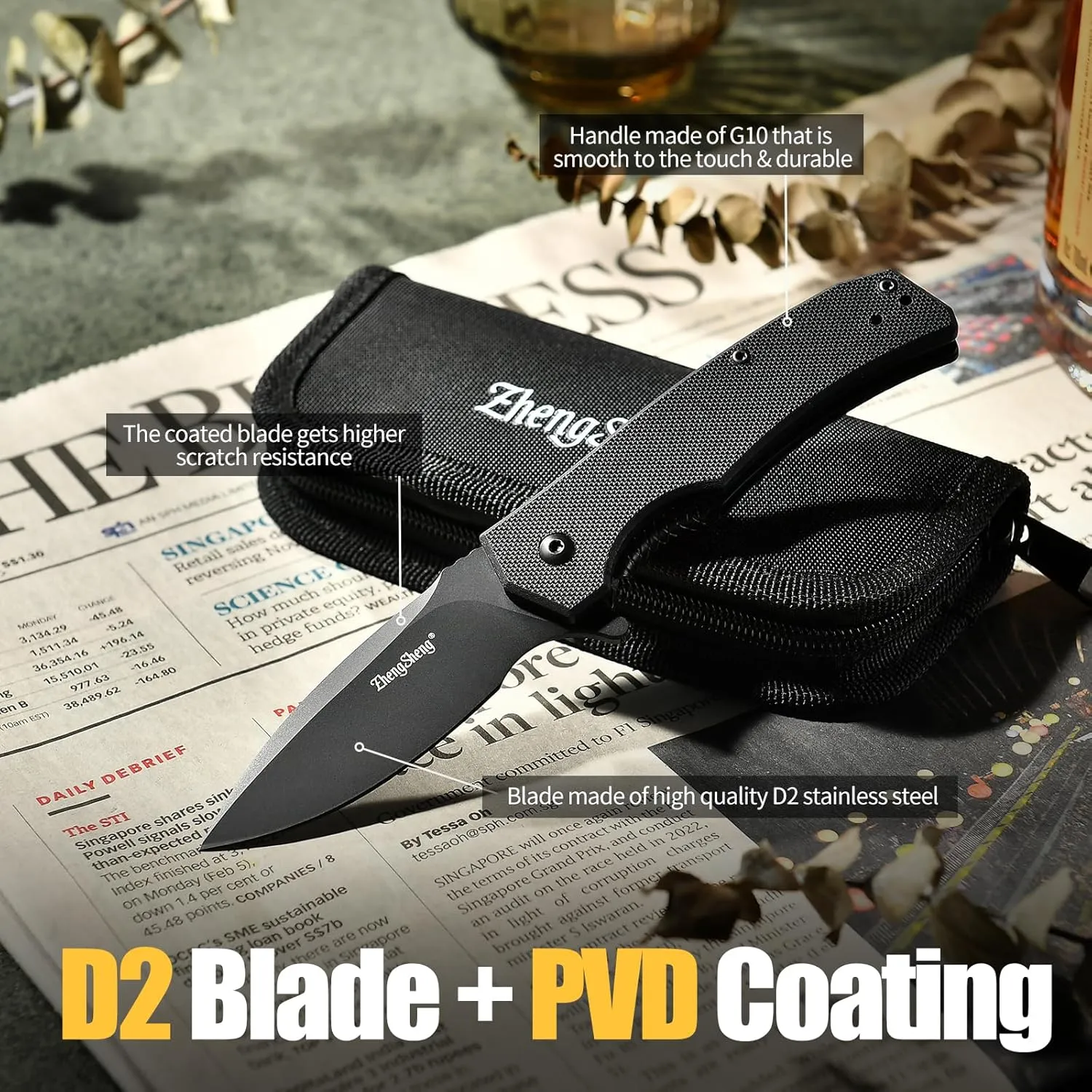 Praxis Pocket Knife, 2.9" D2 Steel Folding Knife with G10 Handle PVD Titanium Coating Blade Lightweight for every day carry.
