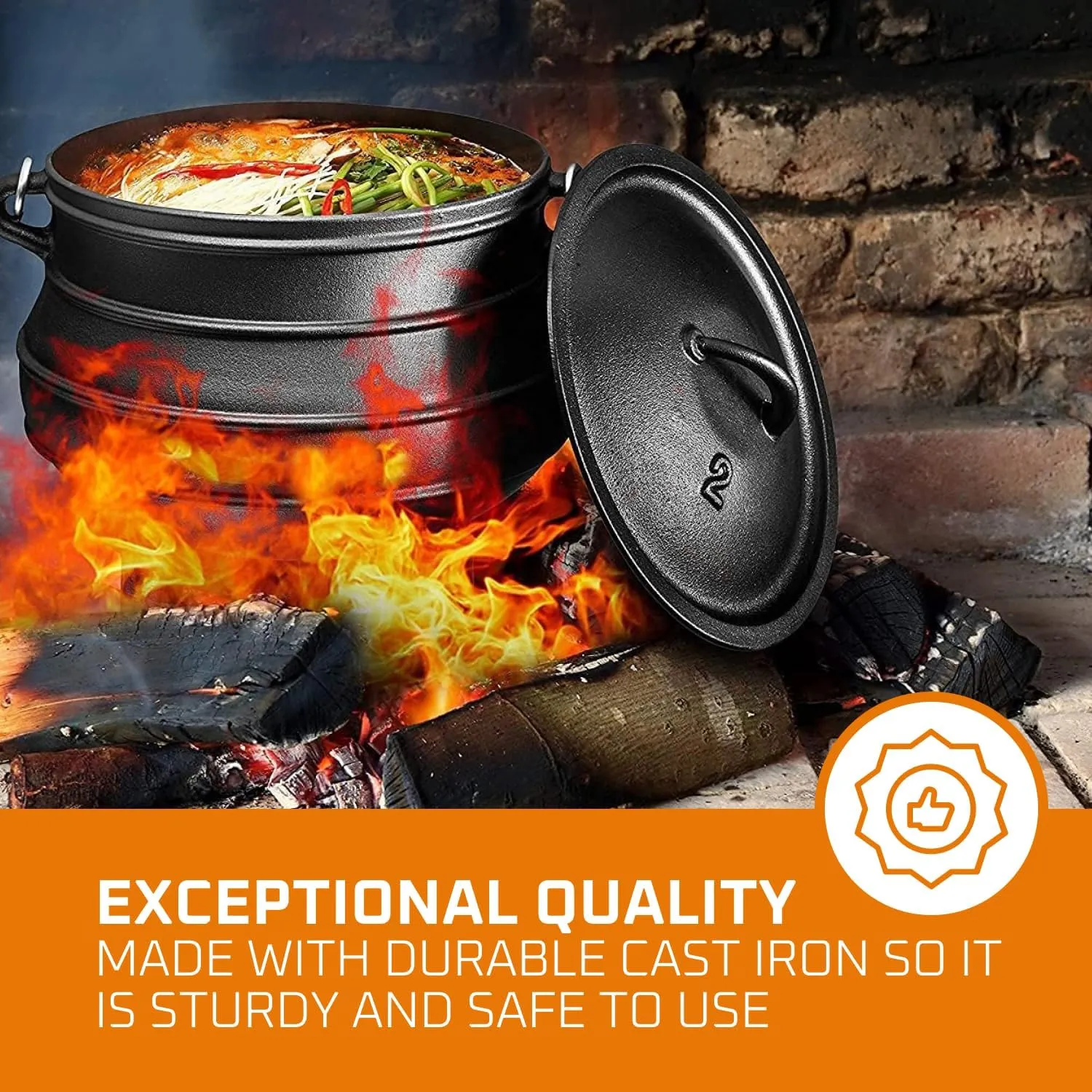Pre-Seasoned Cast Iron Cauldron - Bruntmor African Potjie Pot with Lid - 3 Legs for Even Heat Distribution - Camping Dutch Oven Cookware for Over-The-Fire Cooking - 10 Quarts, X-Large