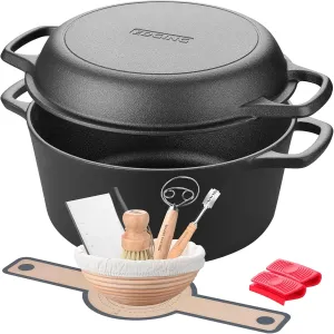 Pre-Seasoned Cast Iron Dutch Oven Pot with Skillet Lid Cooking Pan, 2-in-1 Sourdough Bread Baking, With Proofing Basket and Baking Supplies, 5 QT