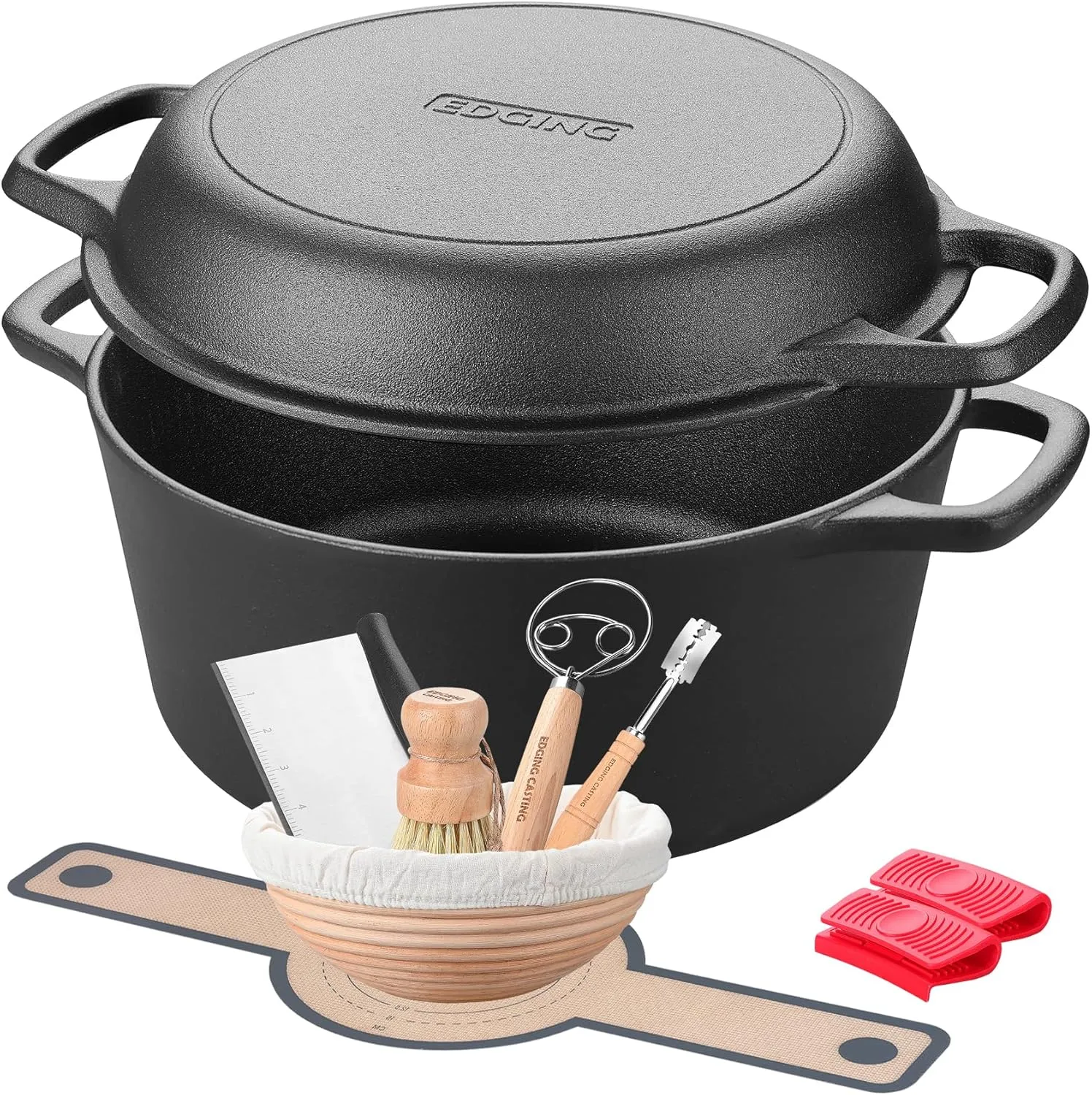 Pre-Seasoned Cast Iron Dutch Oven Pot with Skillet Lid Cooking Pan, 2-in-1 Sourdough Bread Baking, With Proofing Basket and Baking Supplies, 5 QT