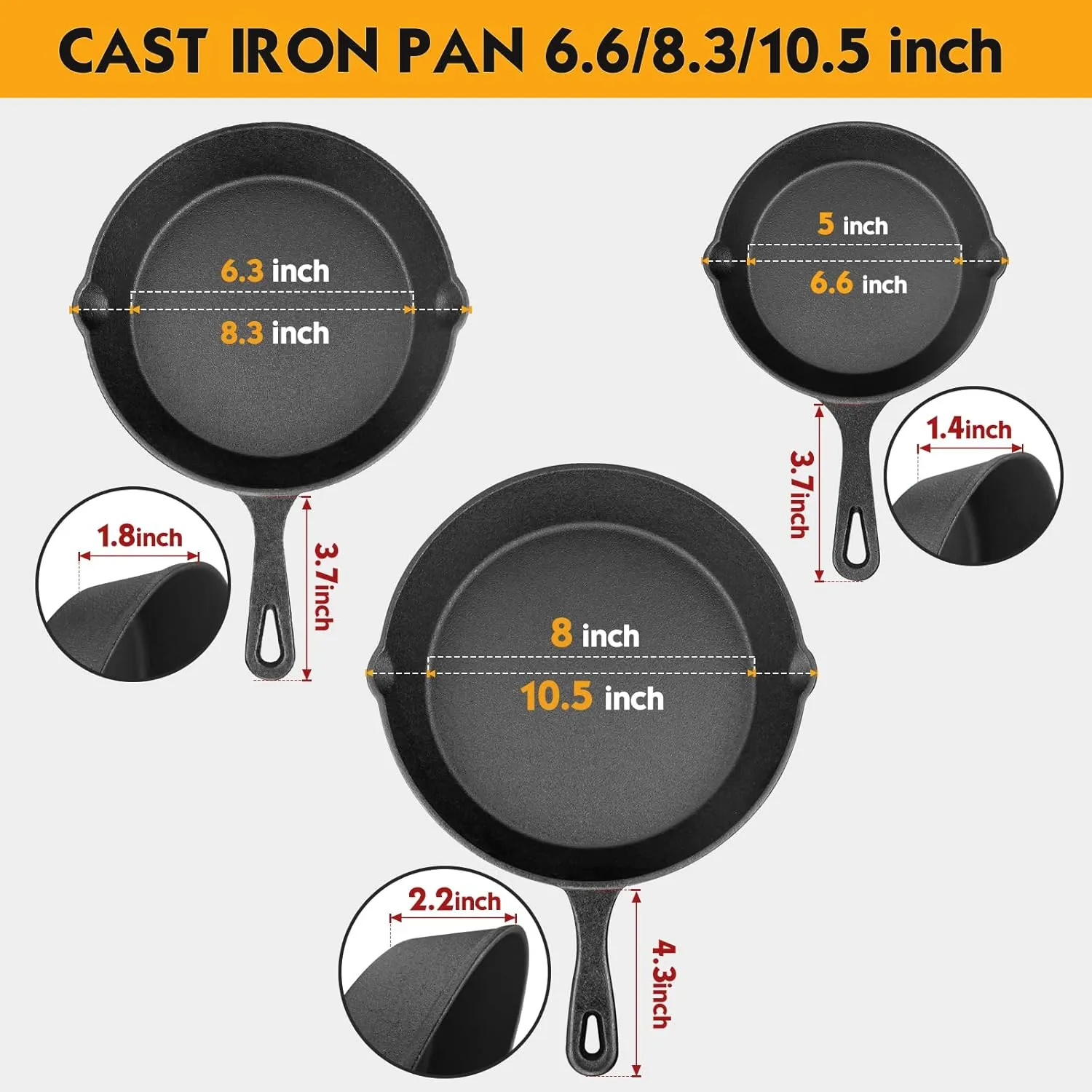 Pre-Seasoned Cast Iron Skillet Set - 3 Piece Frying Pan With Heat-Resistant Handles (6, 8, 10 Inch) for Frying, Saute, Pizza, Oven Safe (Black)