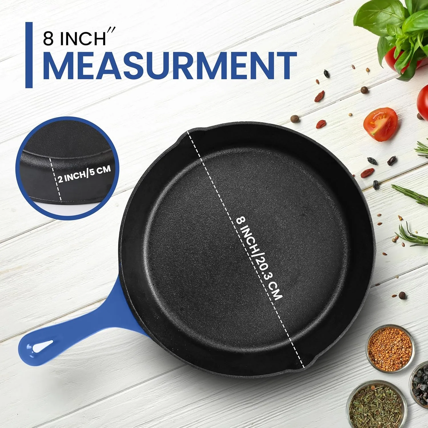 Pre Seasoned Chefs Pan Cast Iron Skillet Frying Safe Grill Cookware for Indoor & Outdoor Use (Blue, 8 Inch (Pack of 1))