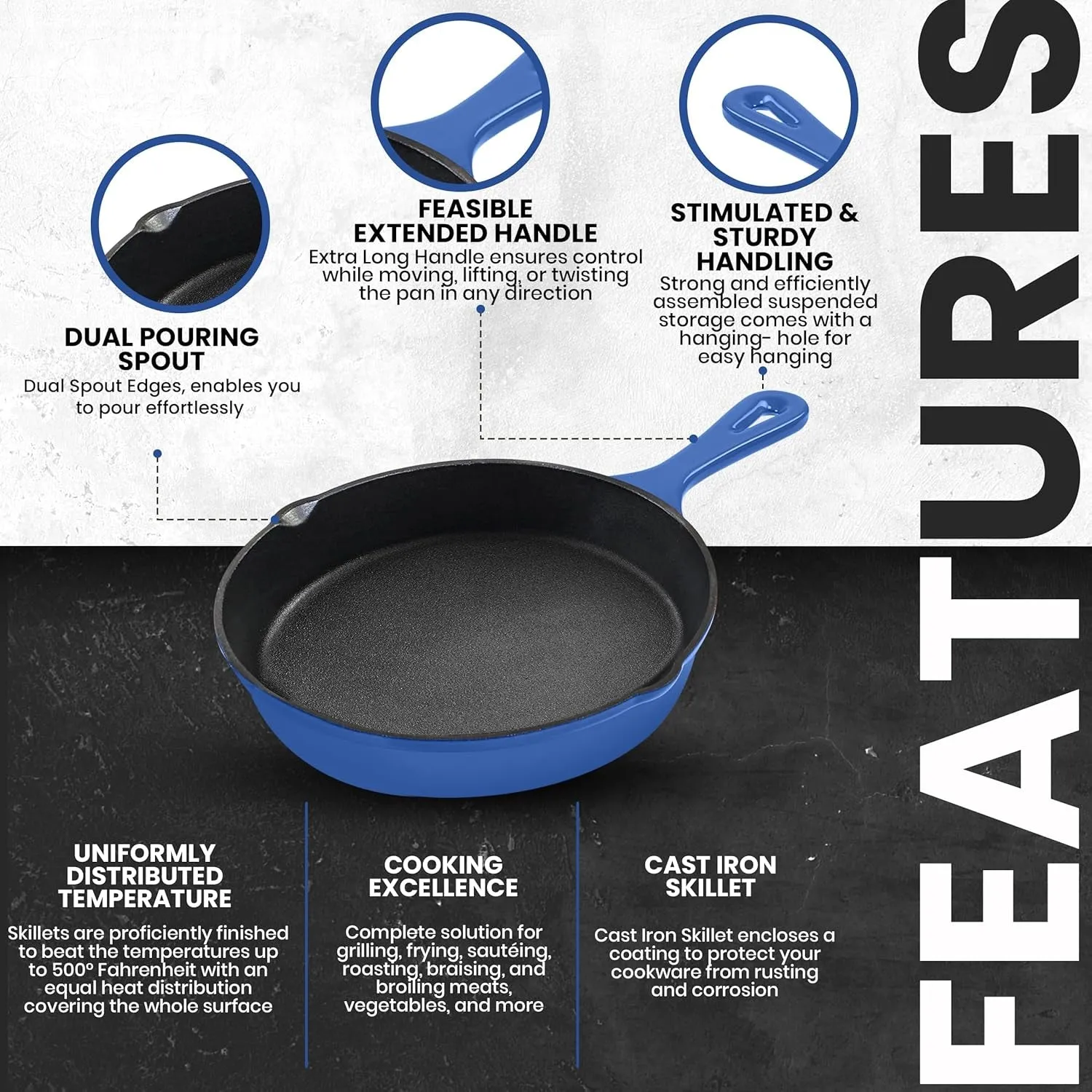 Pre Seasoned Chefs Pan Cast Iron Skillet Frying Safe Grill Cookware for Indoor & Outdoor Use (Blue, 8 Inch (Pack of 1))