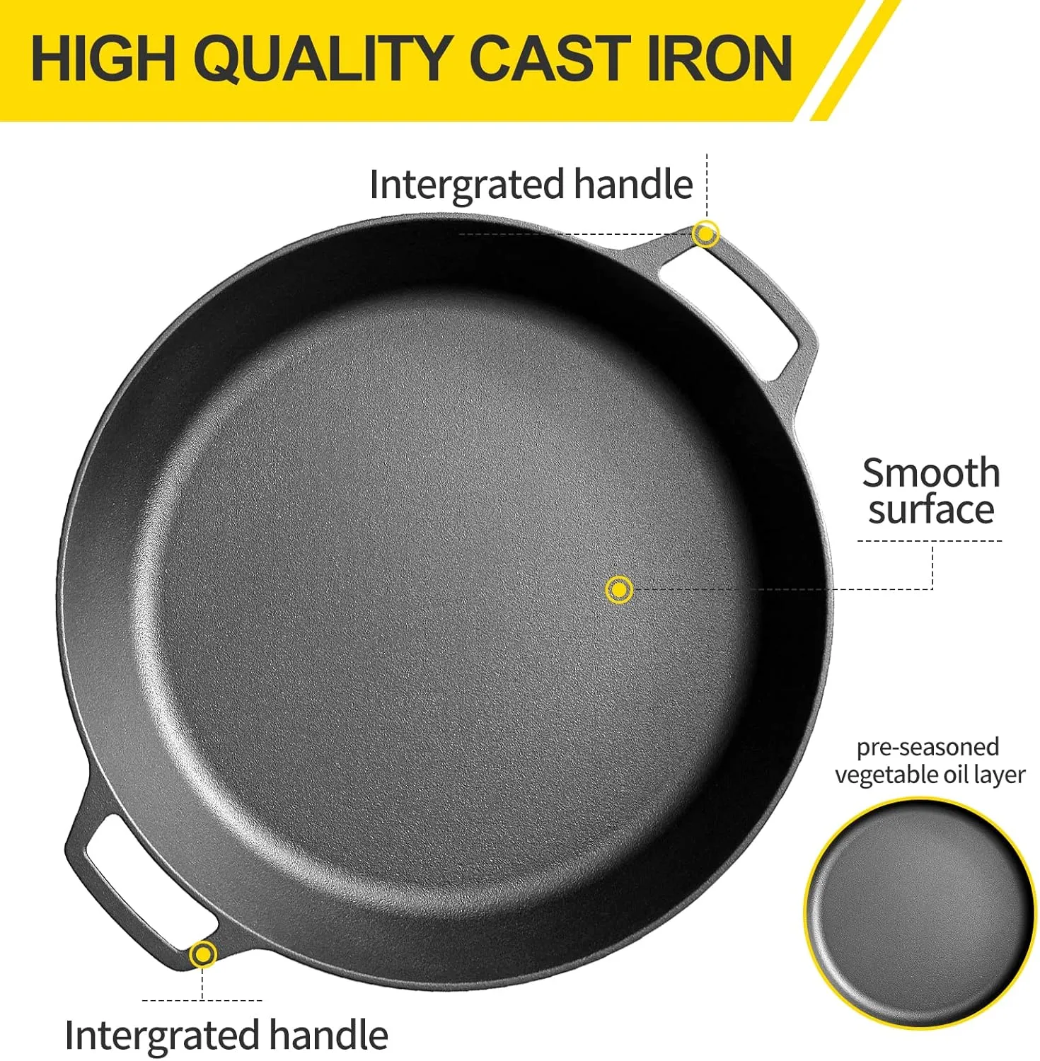 Pre-Seasoned Large Cast Iron Skillet 17 Inch, Dual Handle Outdoor Camping Frying Pan, Pizza Pan, Use for Grill, Stovetop, Induction, Oven Safe Cookware
