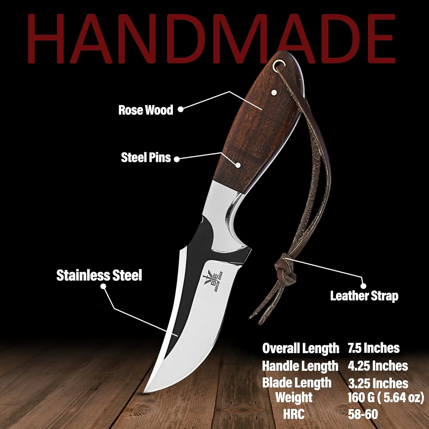 Premium Skinner Cow Boy Knife, Fixed Blade, Stainless Steel,Hunting Knife With Leather Sheath (Brown)