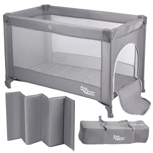 Promedix PR-803G Travel Baby Cot with Wheels - Grey Bed Crib 125x65x74cm Casters Protective Cover