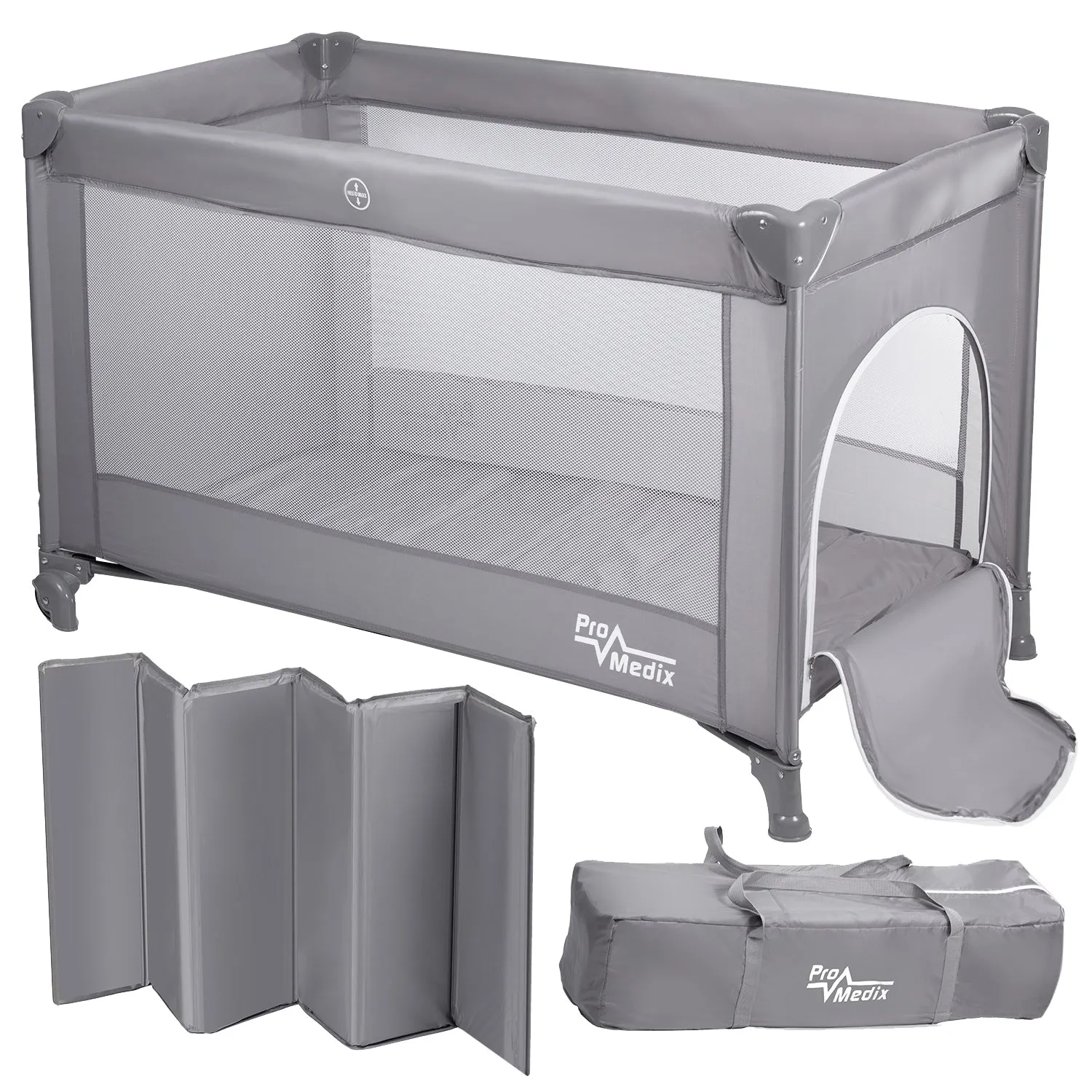 Promedix PR-803G Travel Baby Cot with Wheels - Grey Bed Crib 125x65x74cm Casters Protective Cover