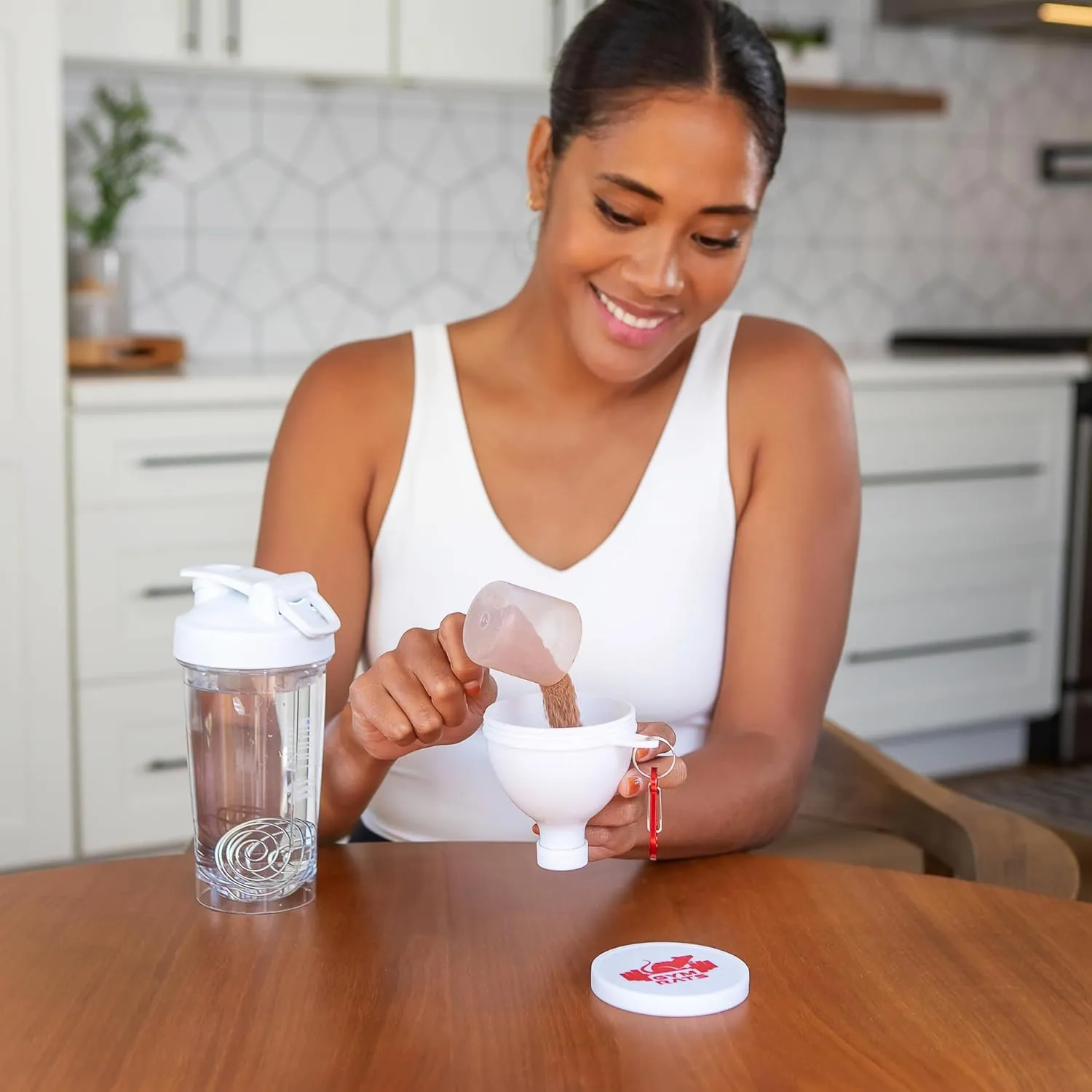 Protein Powder Funnel Set - Travel Protein Powder Container to Go with Carabiner & Reinforced Caps to Stop Spills - Protein & Pre Workout Powder Supplement Funnel for Bottles & Shakers - 4 Pack