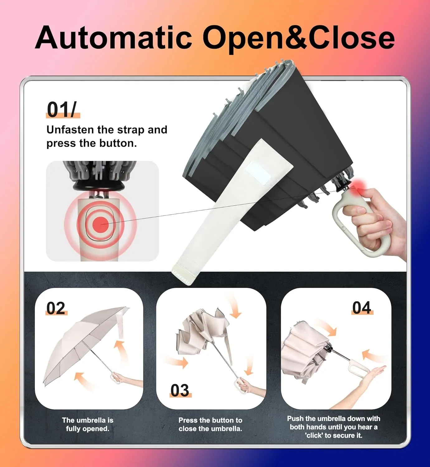QWB TUMAAOTU Inverted Umbrella with Carabiner Handle, Wind Proof Umbrellas For Rain and Sun, 46 Inch Portable Reverse Folding UV Umbrella, Car Umbrella for Women Men, 10 Ribs