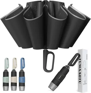 QWB TUMAAOTU Inverted Umbrella with Carabiner Handle, Wind Proof Umbrellas For Rain and Sun, 46 Inch Portable Reverse Folding UV Umbrella, Car Umbrella for Women Men, 10 Ribs