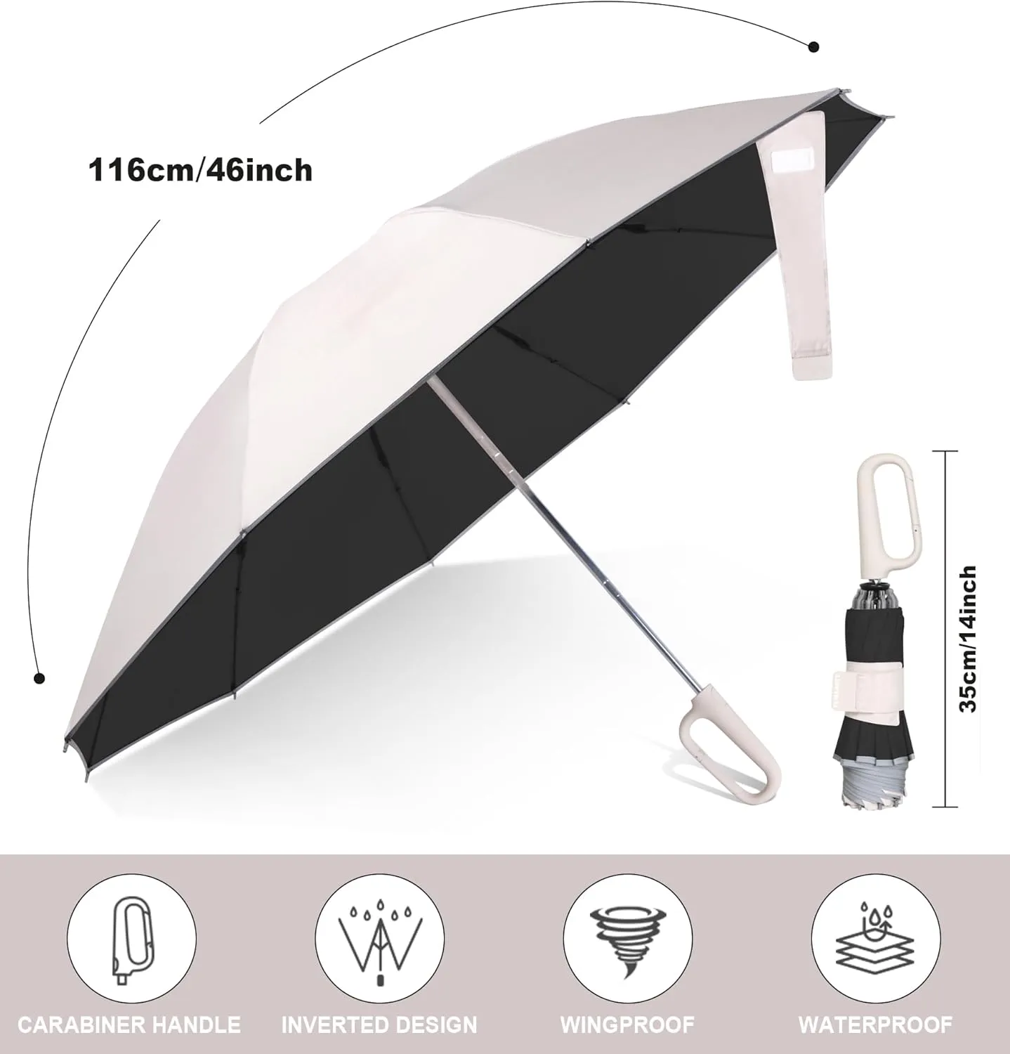 QWB TUMAAOTU Inverted Umbrella with Carabiner Handle, Wind Proof Umbrellas For Rain and Sun, 46 Inch Portable Reverse Folding UV Umbrella, Car Umbrella for Women Men, 10 Ribs