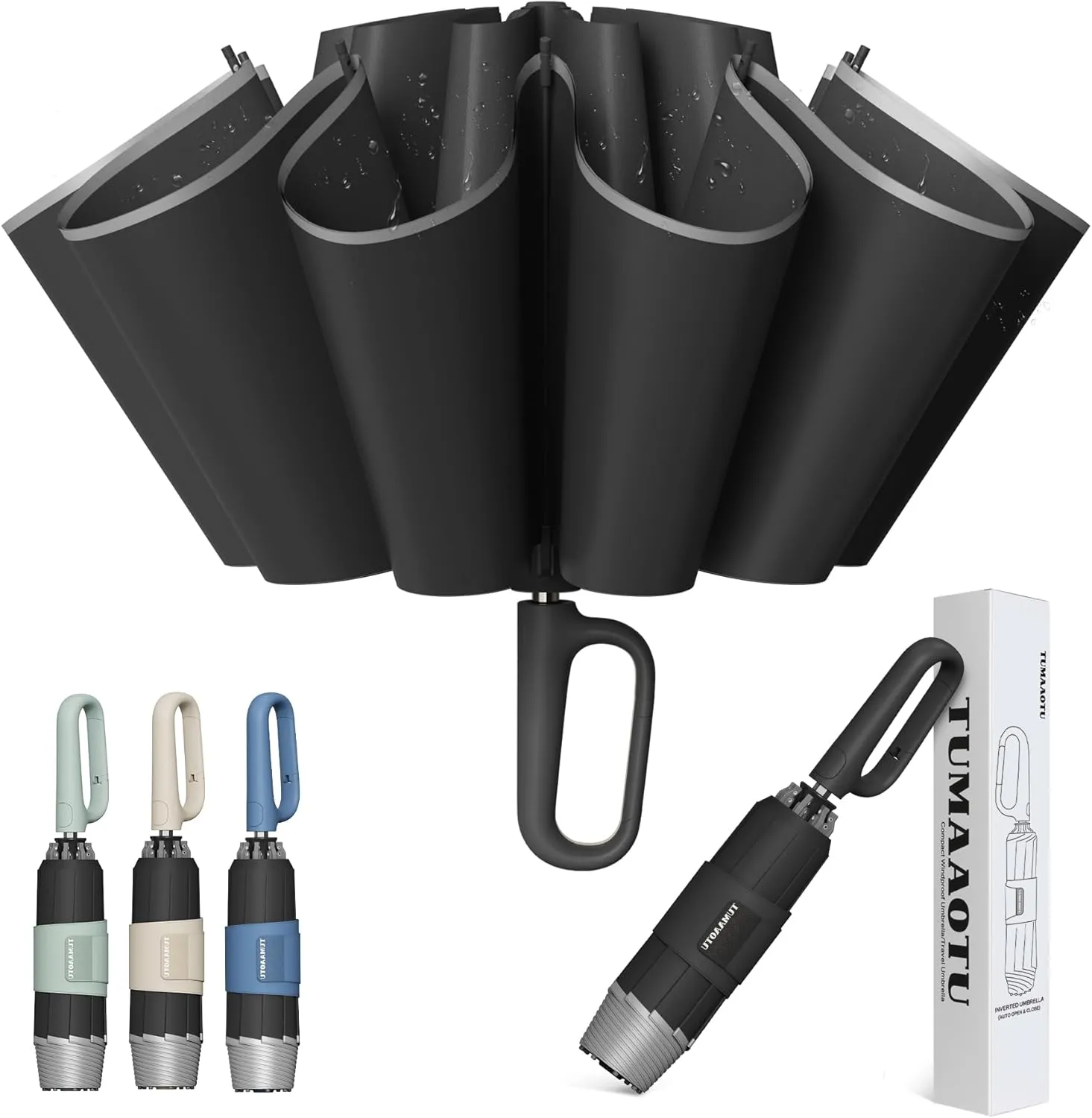 QWB TUMAAOTU Inverted Umbrella with Carabiner Handle, Wind Proof Umbrellas For Rain and Sun, 46 Inch Portable Reverse Folding UV Umbrella, Car Umbrella for Women Men, 10 Ribs