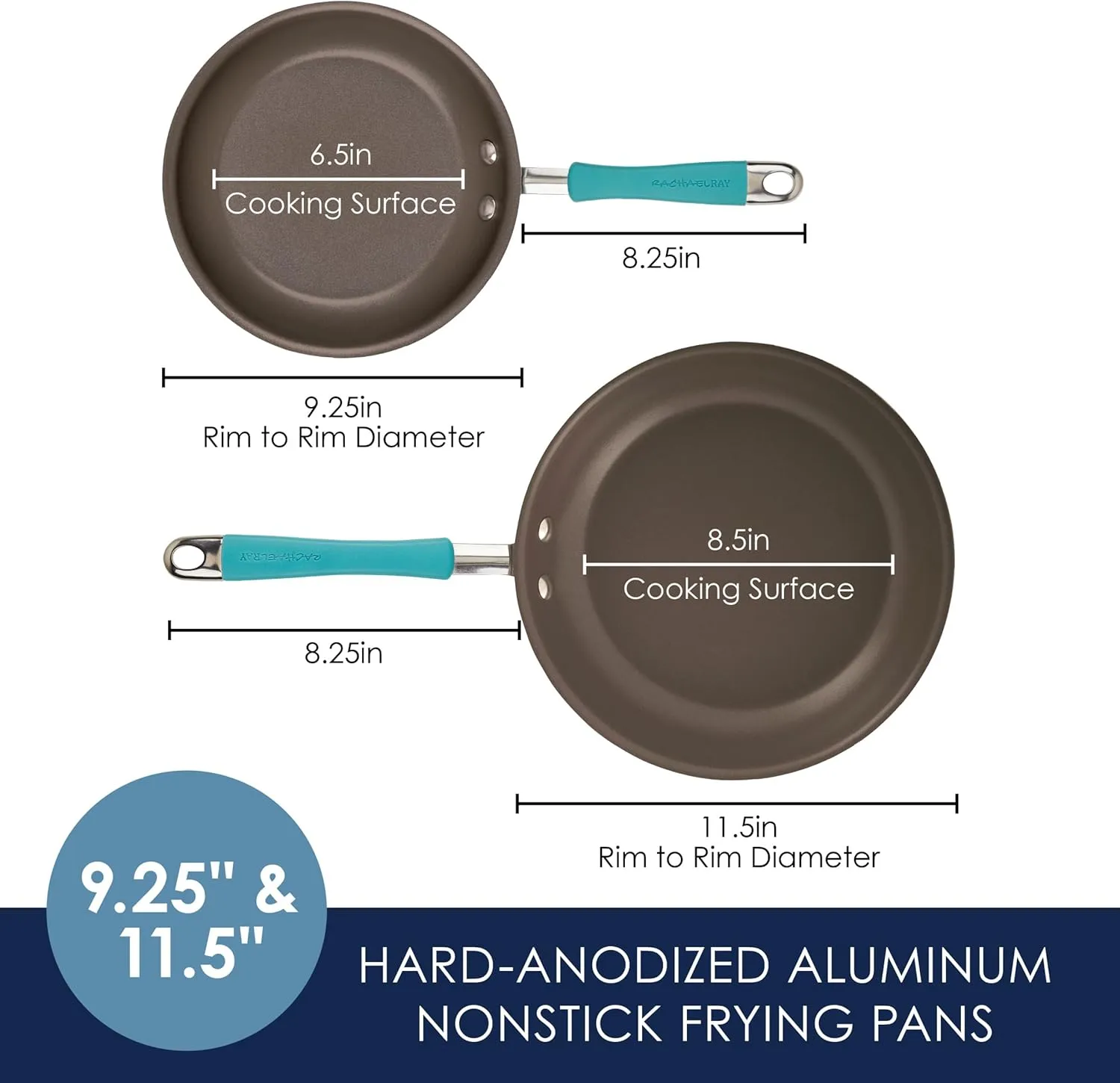 Rachael Ray 87643 Cucina Hard Anodized Nonstick Frying Pan Set / Fry Pan Set / Hard Anodized Skillet Set - 9.25 Inch and 11.5 Inch, Gray with Blue Handles