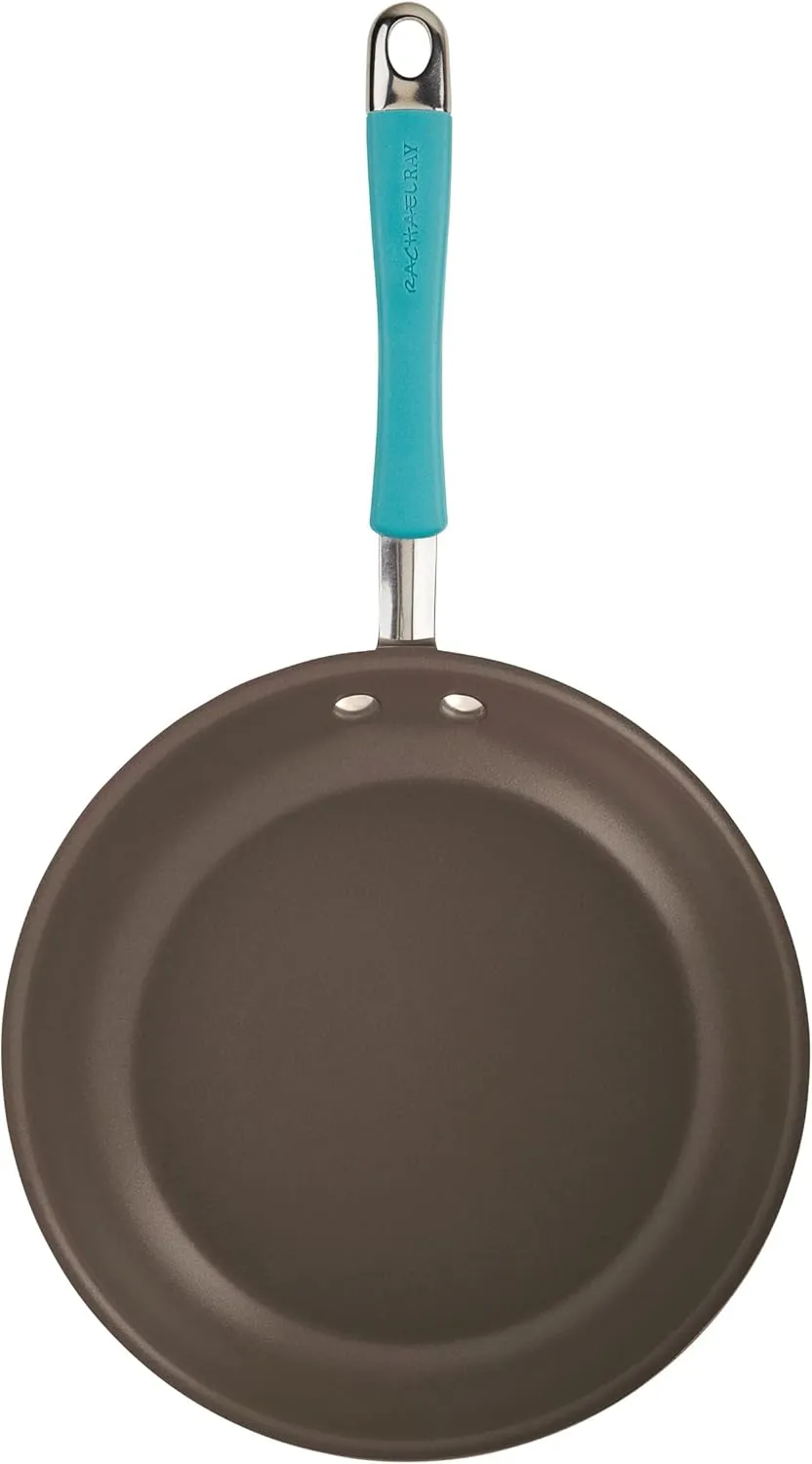 Rachael Ray 87643 Cucina Hard Anodized Nonstick Frying Pan Set / Fry Pan Set / Hard Anodized Skillet Set - 9.25 Inch and 11.5 Inch, Gray with Blue Handles
