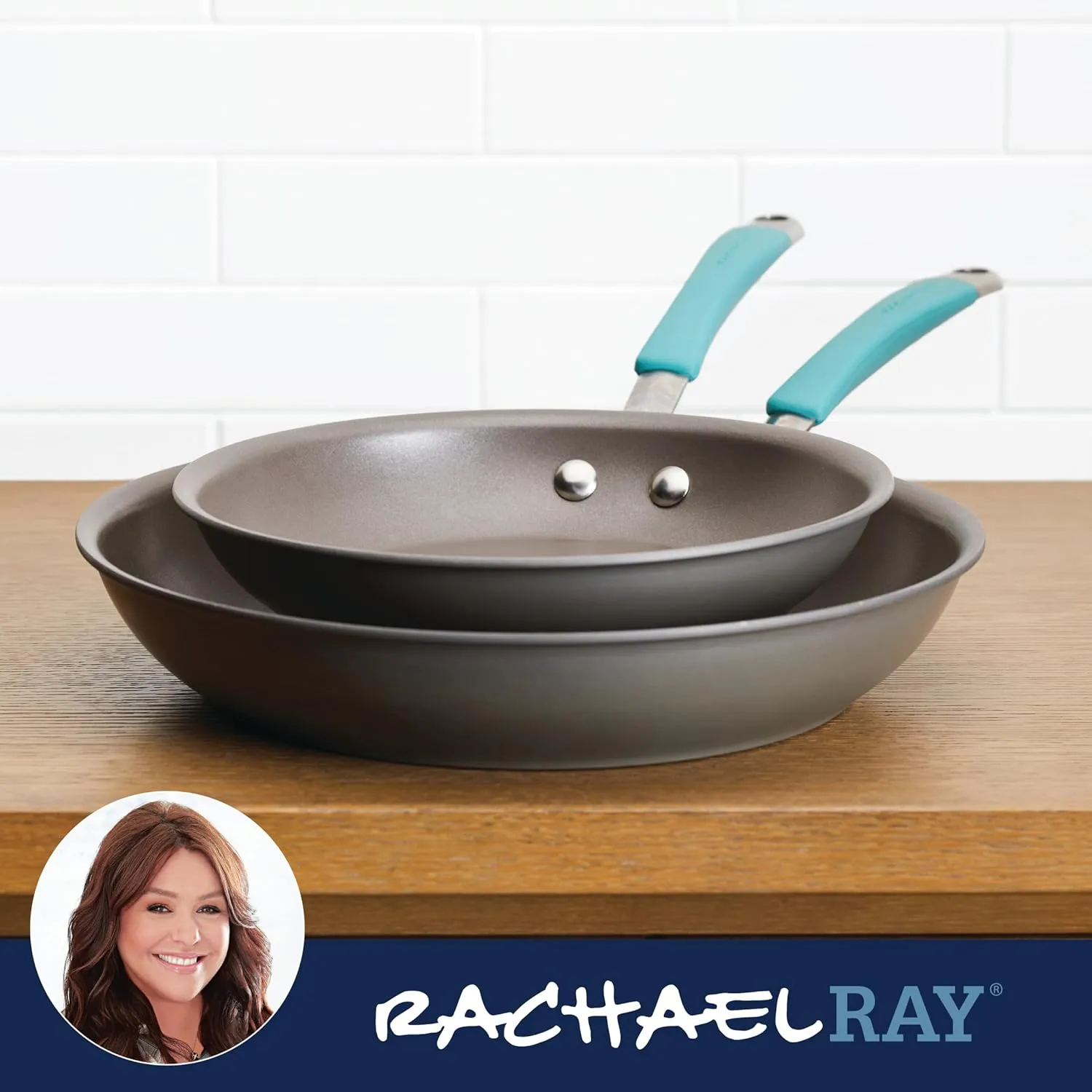 Rachael Ray 87643 Cucina Hard Anodized Nonstick Frying Pan Set / Fry Pan Set / Hard Anodized Skillet Set - 9.25 Inch and 11.5 Inch, Gray with Blue Handles