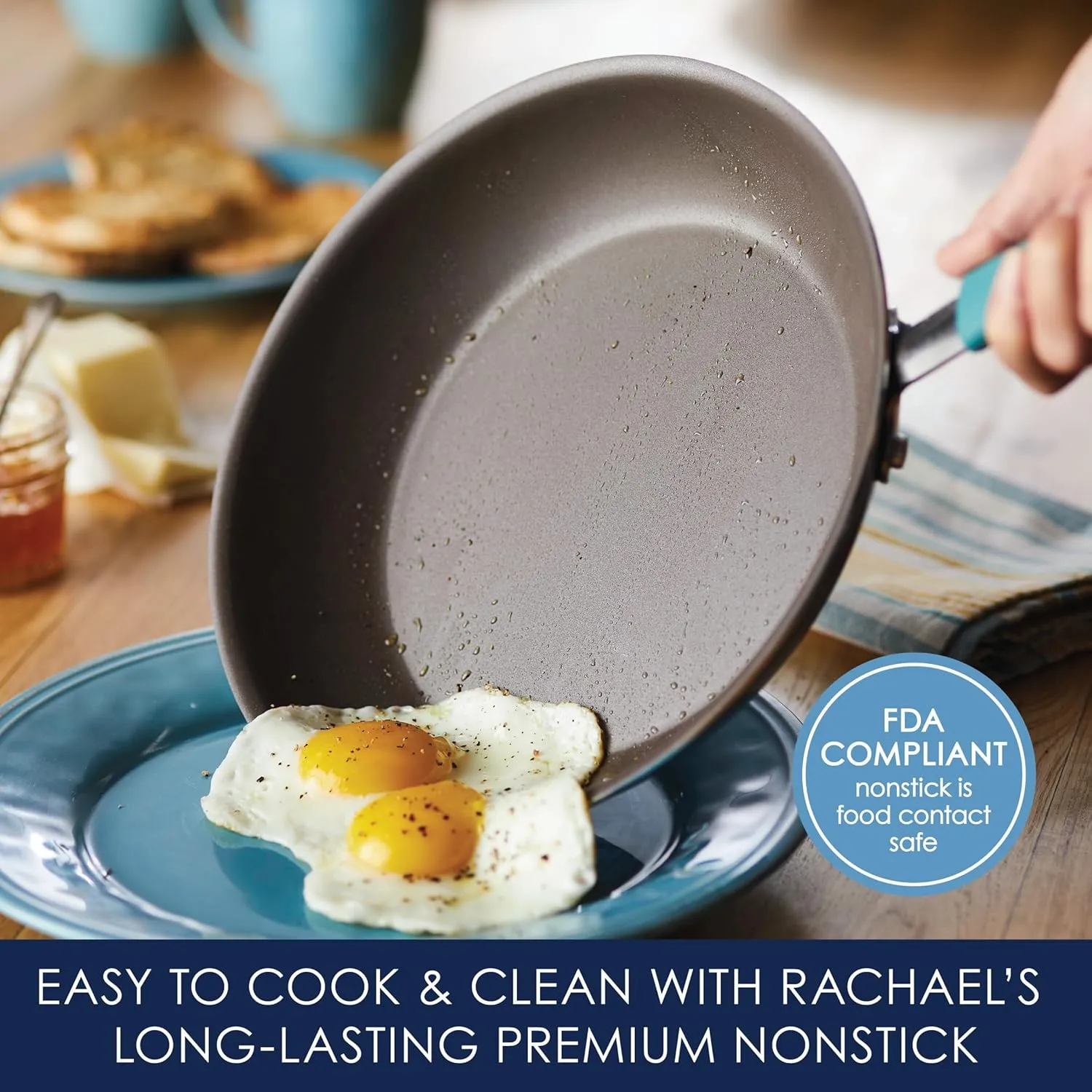 Rachael Ray 87643 Cucina Hard Anodized Nonstick Frying Pan Set / Fry Pan Set / Hard Anodized Skillet Set - 9.25 Inch and 11.5 Inch, Gray with Blue Handles