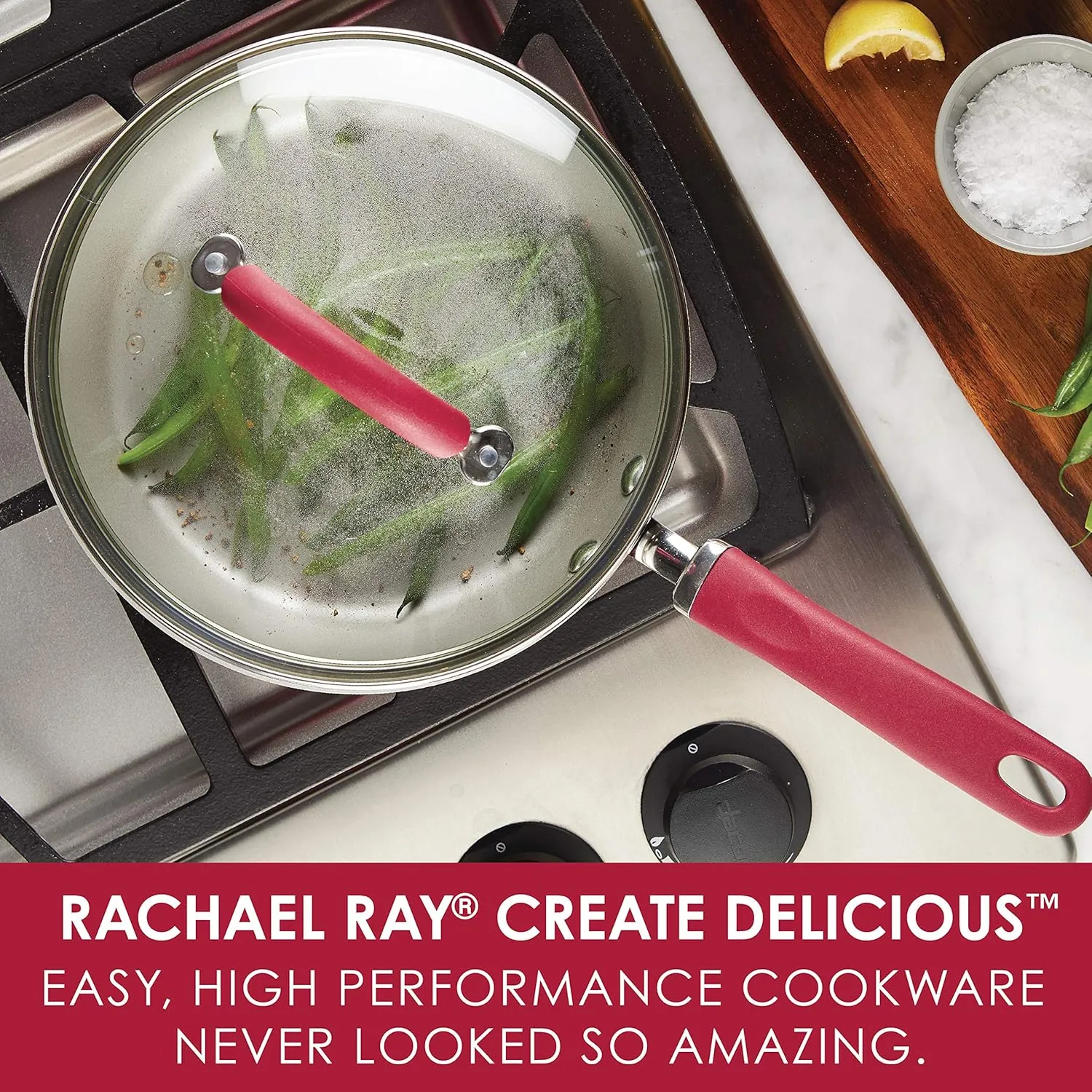 Rachael Ray Create Delicious Deep Nonstick Frying Pan / Fry Pan / Skillet with Lid - 9.5 Inch, Red