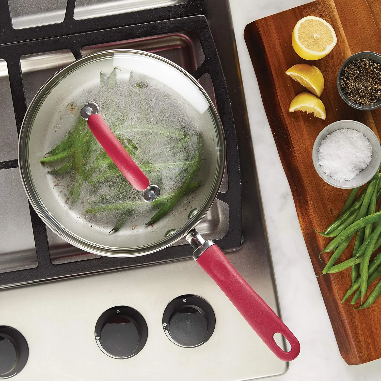 Rachael Ray Create Delicious Deep Nonstick Frying Pan / Fry Pan / Skillet with Lid - 9.5 Inch, Red
