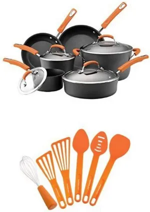 Rachael Ray Hard Anodized II Nonstick Dishwasher Safe 10-Piece Cookware Set (Orange)   6-Piece Kitchen Tool Set (Orange)