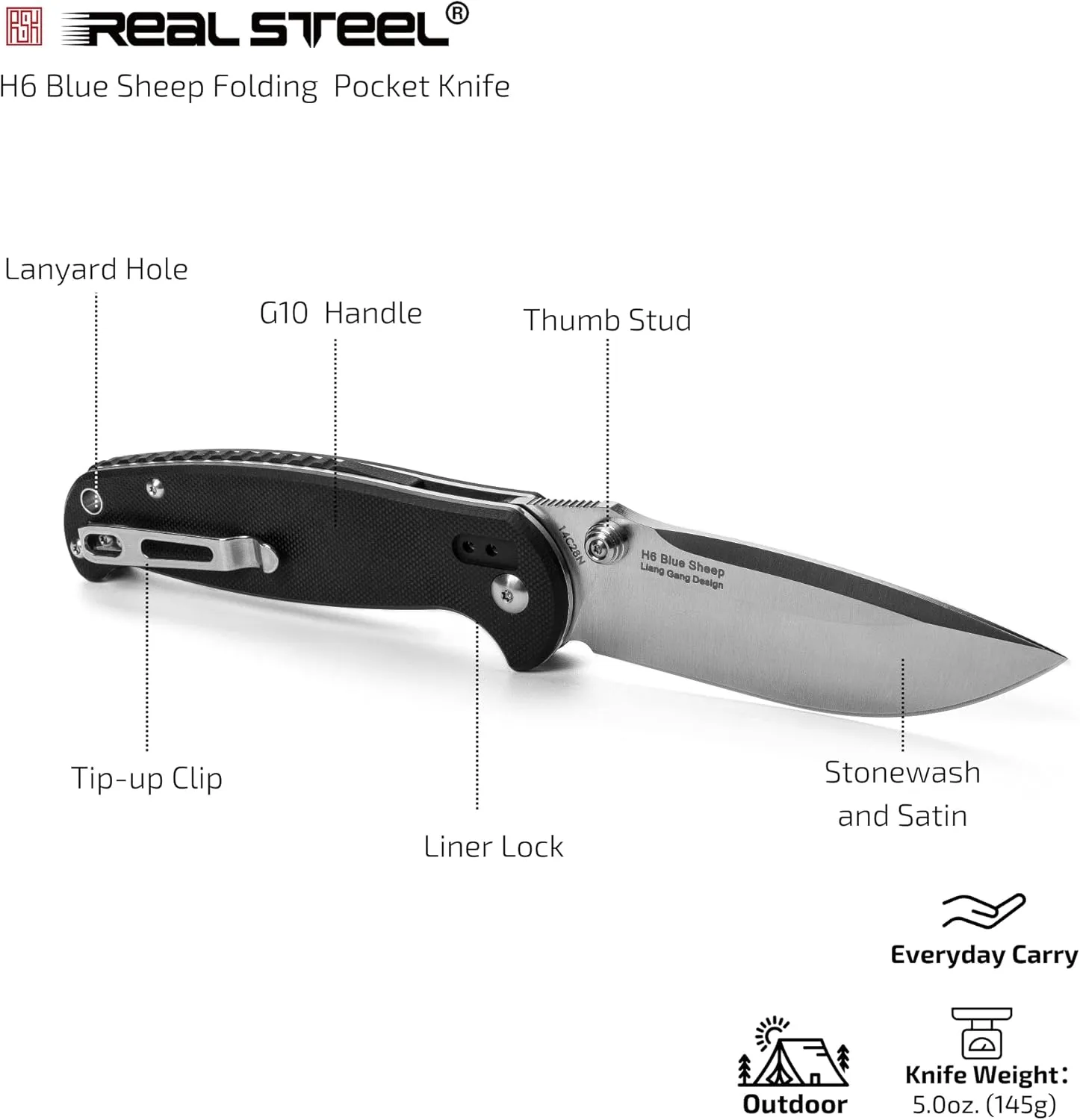 REALSTEEL H6 Blue Sheep Folding Pocket Knife,Nail Nick, 3.74" 14C28N Satin Blade, Thumb Stud, G10 Handle, 5oz, Tip-up Pocket Clip, EDC, Gifts, Camping Hiking Hunting(Drop Point Satin)